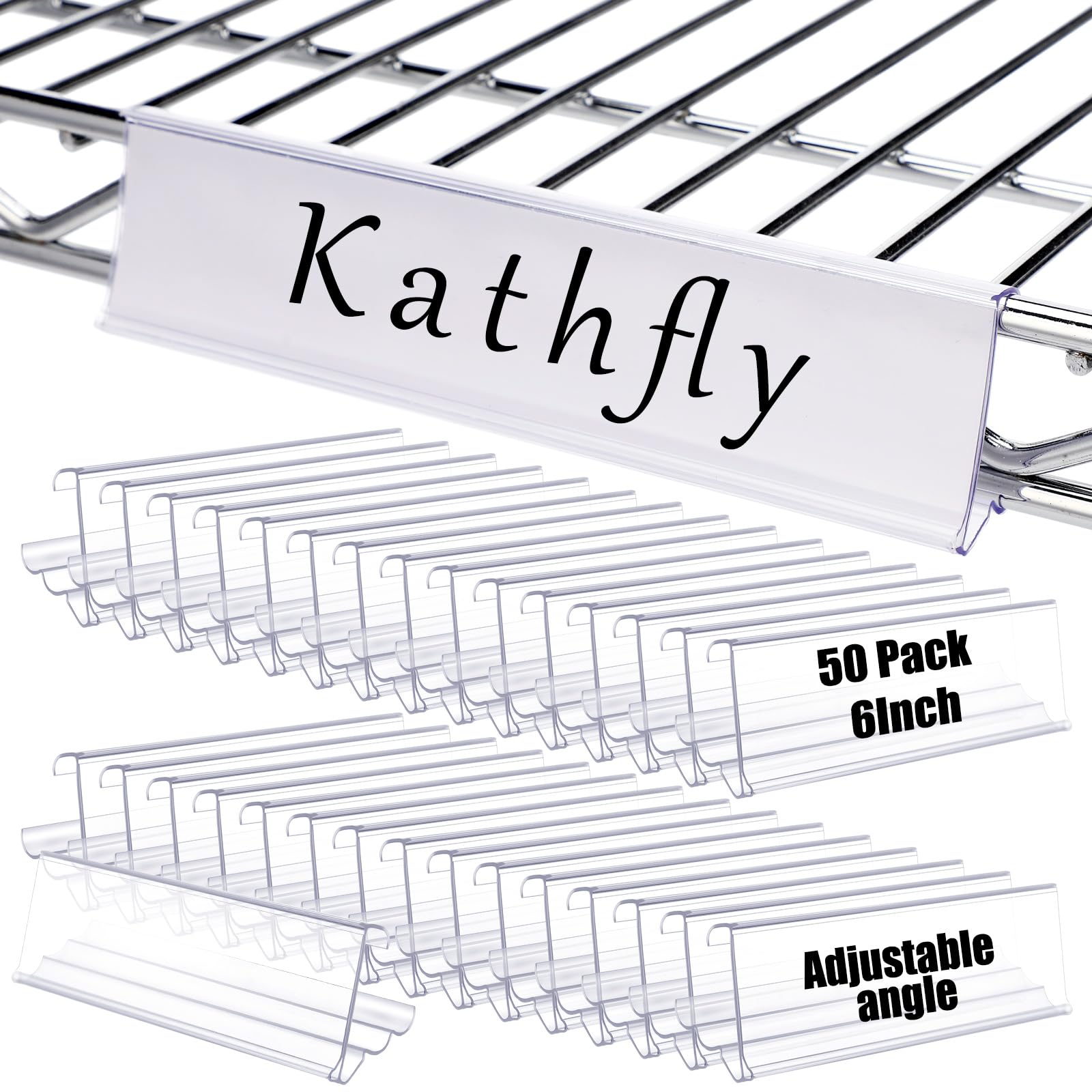 Photo 1 of Kathfly 50 Pack Wire Shelf Label Holders Shelf Cable Tags for Wire Shelving 3 Viewing Angles 6" Adjustable Clear Plastic Rack Label Holder Retail Clips Compatible with 1-1/4in Metro Shelving