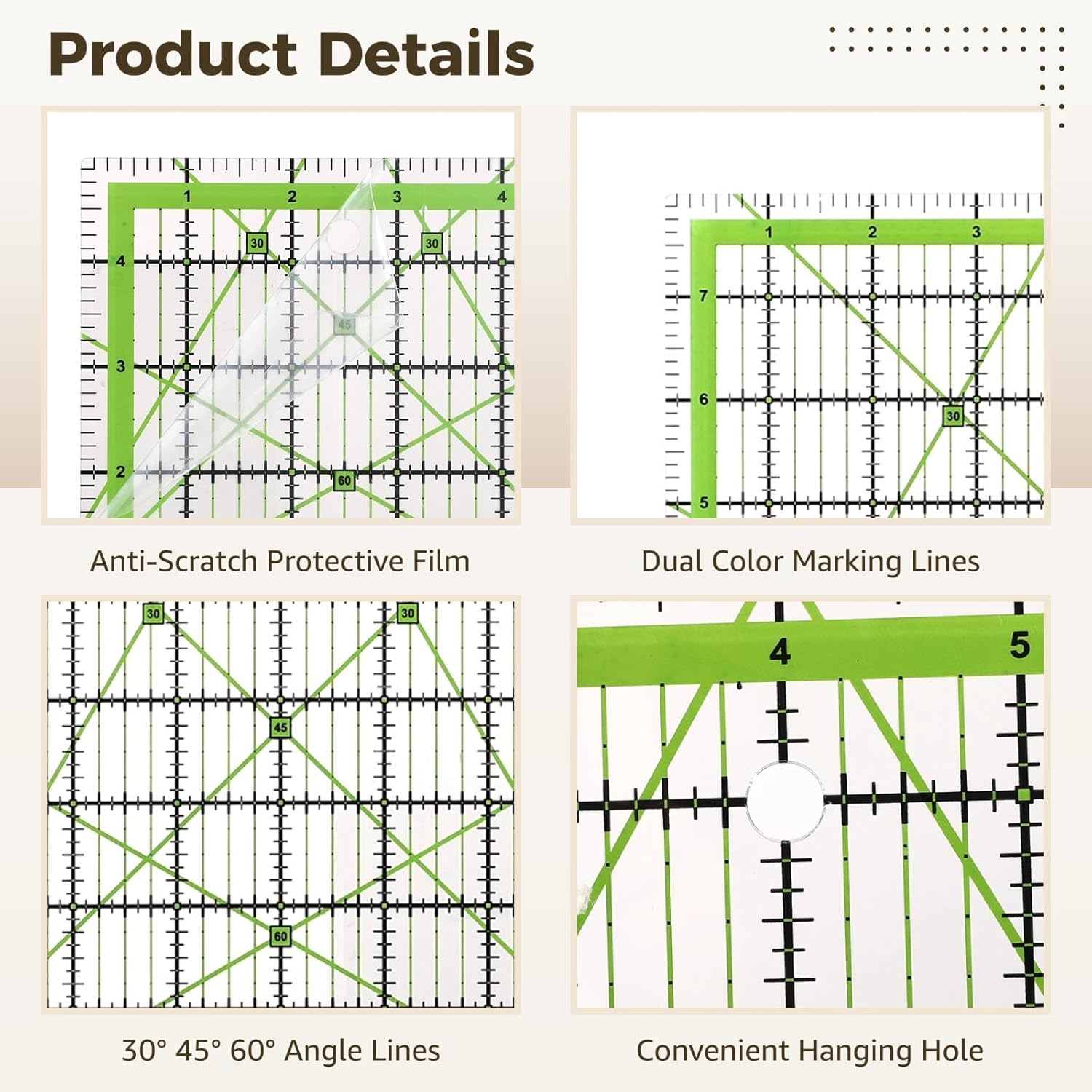Homaisson Quilting Rulers, 7 Square Quilting Ruler 2.5,3.5,5,6.5, 8,10,12.5 Quilting Cutting Squares,Quilting Rulers Acrylic,Cutting Ruler with Non-Slip Rings for Quilting and Sewing
