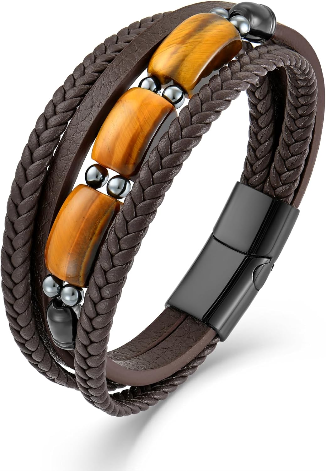 Mens Tiger Eye Leather Bracelet, Natural Tiger Eye Stone Multi-Layer Braided Cuff Bracelets for Men, Stainless Steel with Buckle Memorial Bangle Gifts for Him