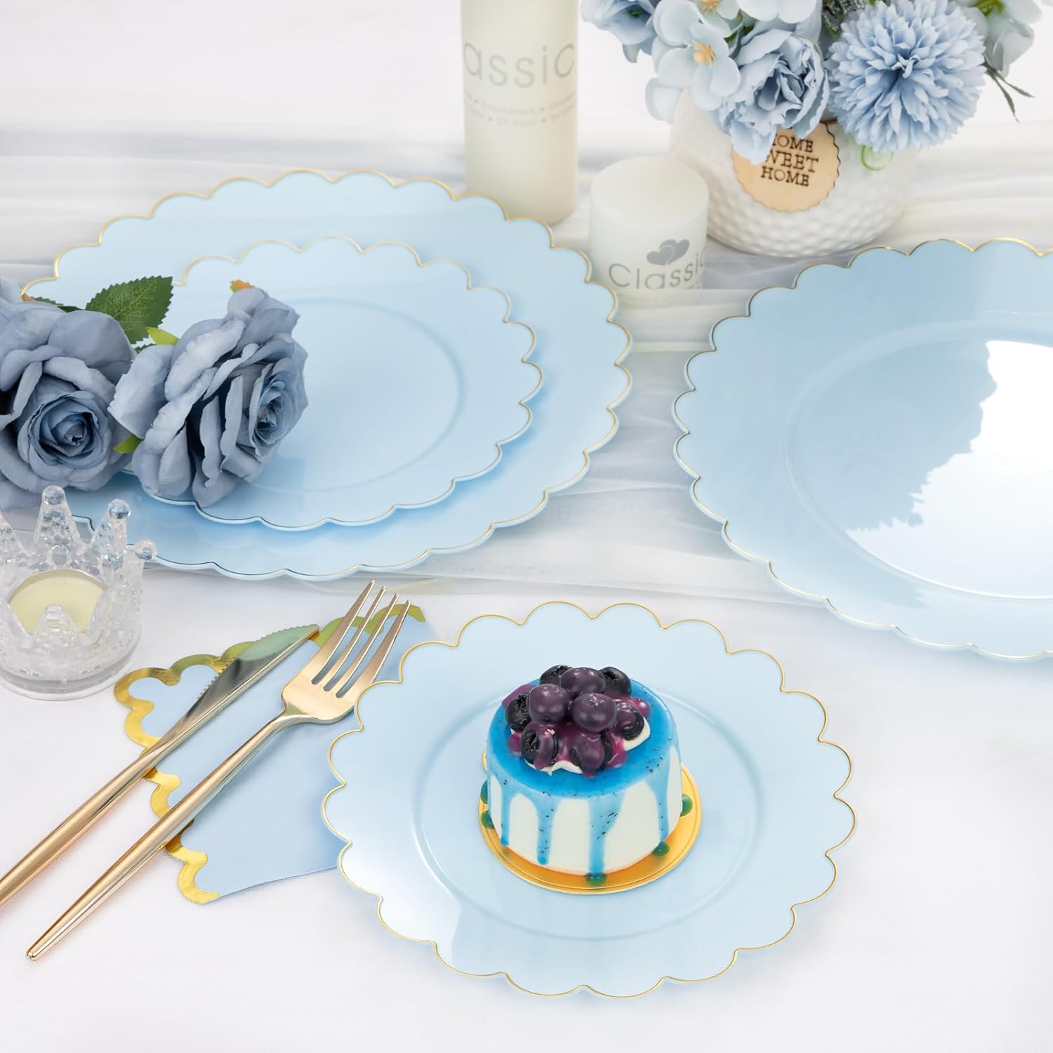 LIYH 210 Pcs Light Blue Plastic Dinnerware Set - Baby Blue Plastic Plates Napkins with Gold Foil Include Bridal Shower Plates Disposable Gold Silverware Napkins Cups for Birthday 30 Guests - Image 5