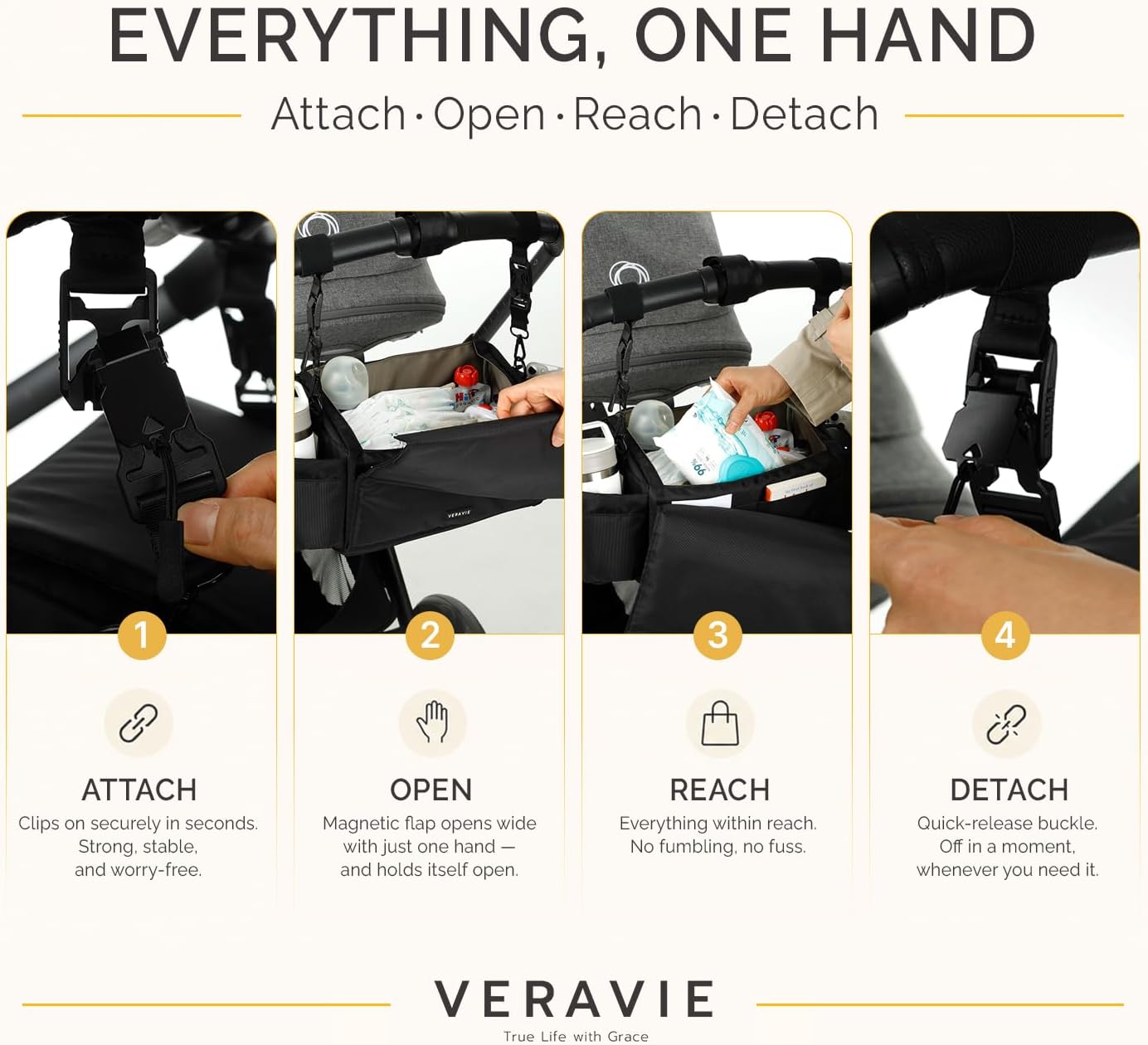 VERAVIE Universal Stroller Caddy Organizer Storage Bag, Cup & Phone Holders | One-hand magnetic closure, shoulder strap, diaper bag, wagon & pet stroller accessories, new mom essentials, baby travel gear