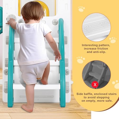 Miniatura 4 de JOYLDIAS Tobogán 9 en 1, parque infantil con toboganes dobles, escalador, aro de baloncesto, túnel, telescopio, espacio de almacenamiento y escalón