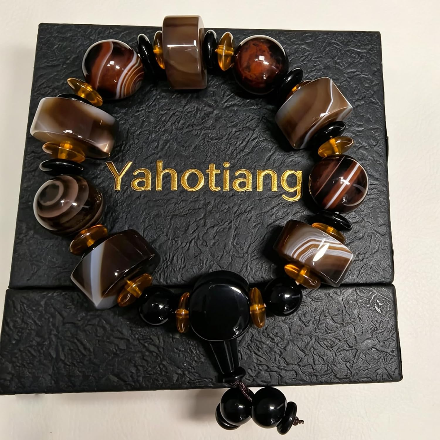 Yahotiango Natural Agate Beaded Bracelet, Brown and Black, Mixed Shape Beads with Pendant Charm, with gift box, for women men
