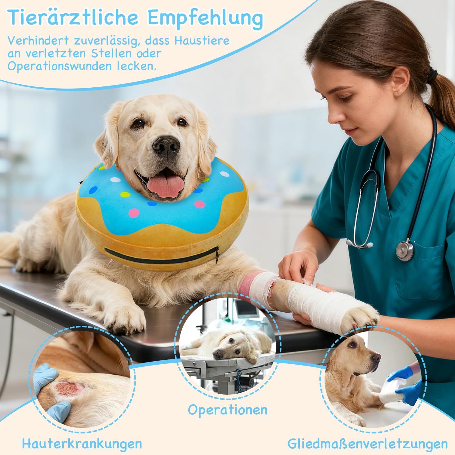 Aufblasbare Halskrause Hund, Einstellbar Hundekragen Leckschutz, Halskrause Hund Weich zur Wundheilung und Erholung nach Operationen, Hundekragen nach op der Die Sicht Nicht Blockiert, Blau,M+