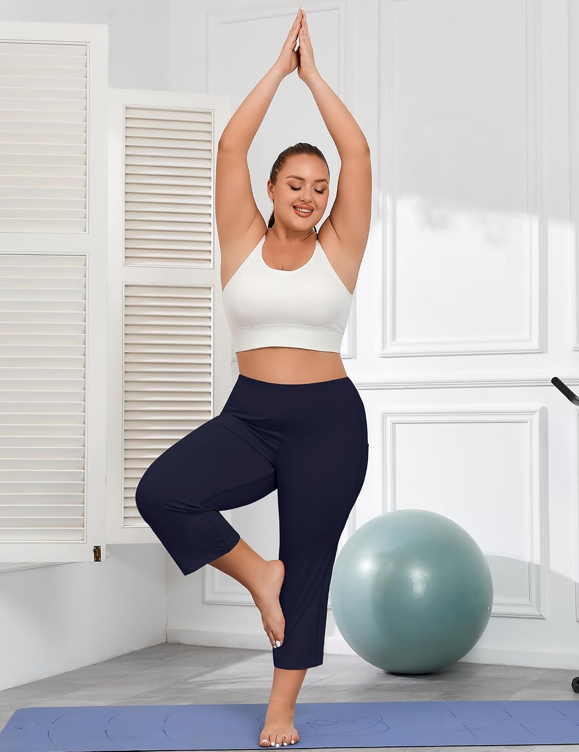 COOTRY Plus Size Capris Pants for Women High Waist Yoga Pants with Pockets Athletic Active Exercise Workout Leggings