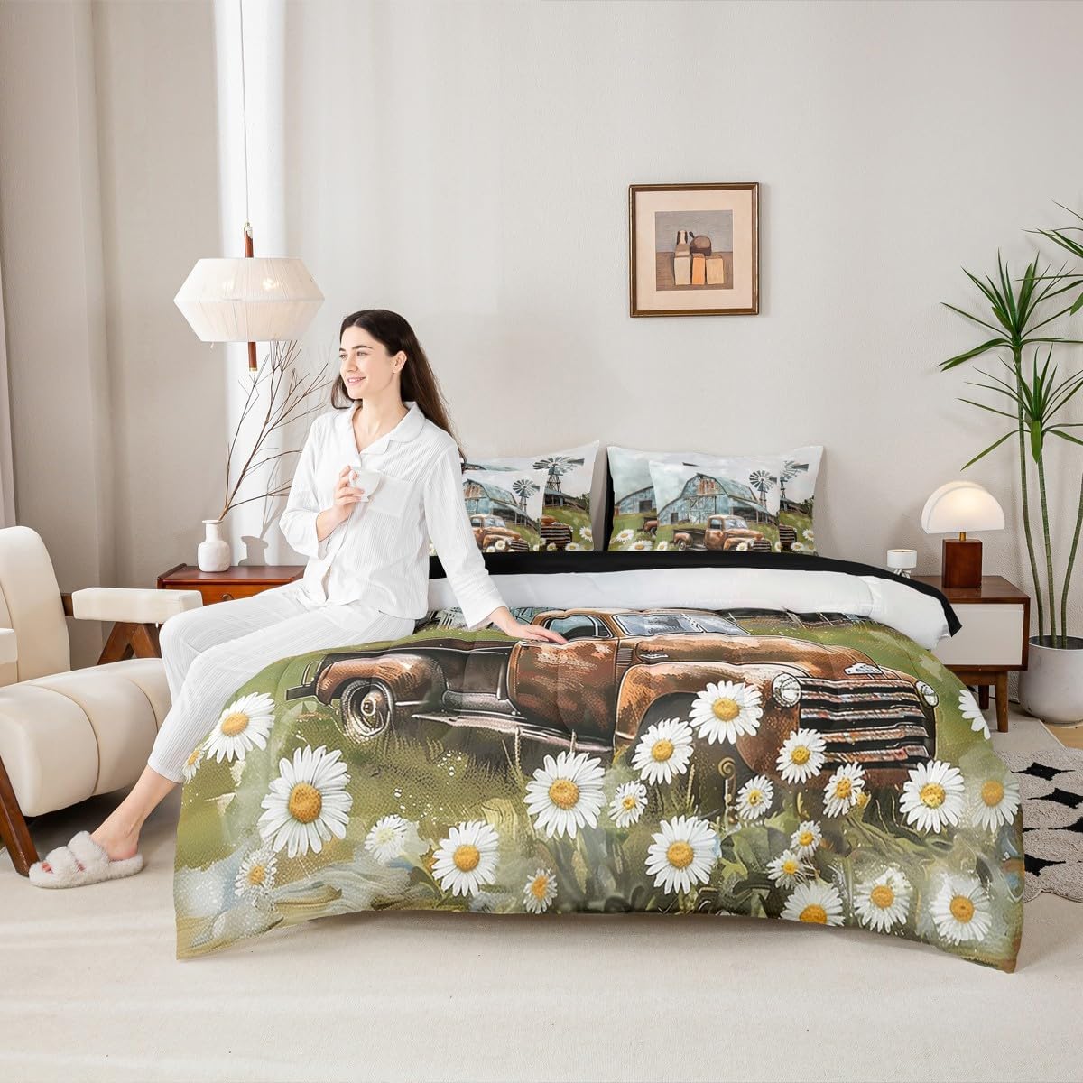 Erosebridal 7Pcs Farmhouse Decor - Teal Barn Red Truck Windmill Comforter Set with Sheets Rustic Country Bed in A Bag King Size Groovy Daisy Floral Sheets Set with Comforter