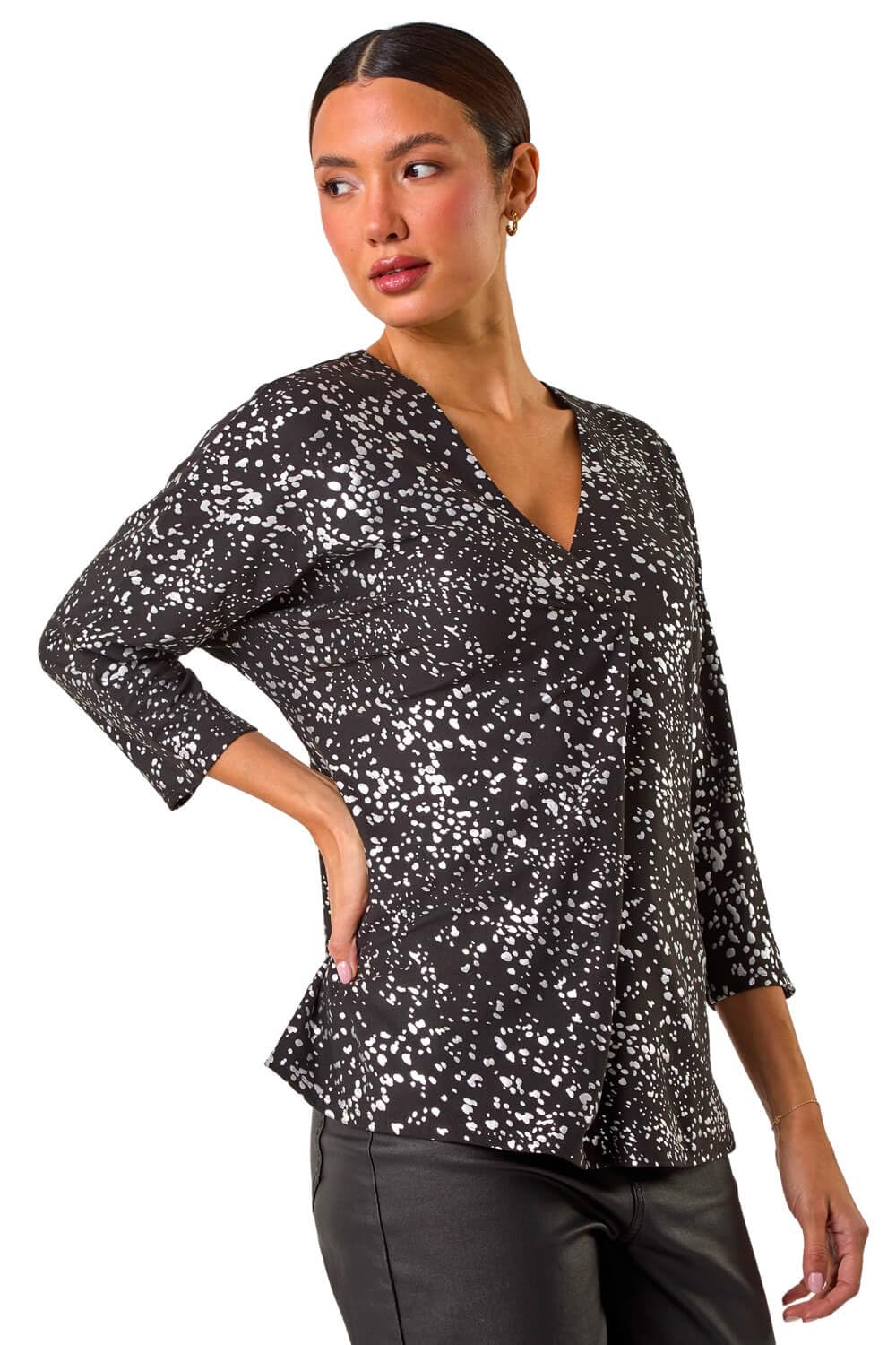 Roman Pleat Front Top for Women UK Ladies Pleated Shirt Notch V Neck Blouse Summer Tunic Spring Pull-On Comfy Soft Evening Holiday Vacation Work Party Everyday - Black Silver - Size 10