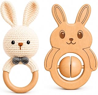 Baby Rattle Toys, Handcrafted Crochet & Wooden Bunny Rattle Set, Natural Beechwood Grasping Ring, Newborn Toy Gift, Baby Shower & Announcement Gift Ideas