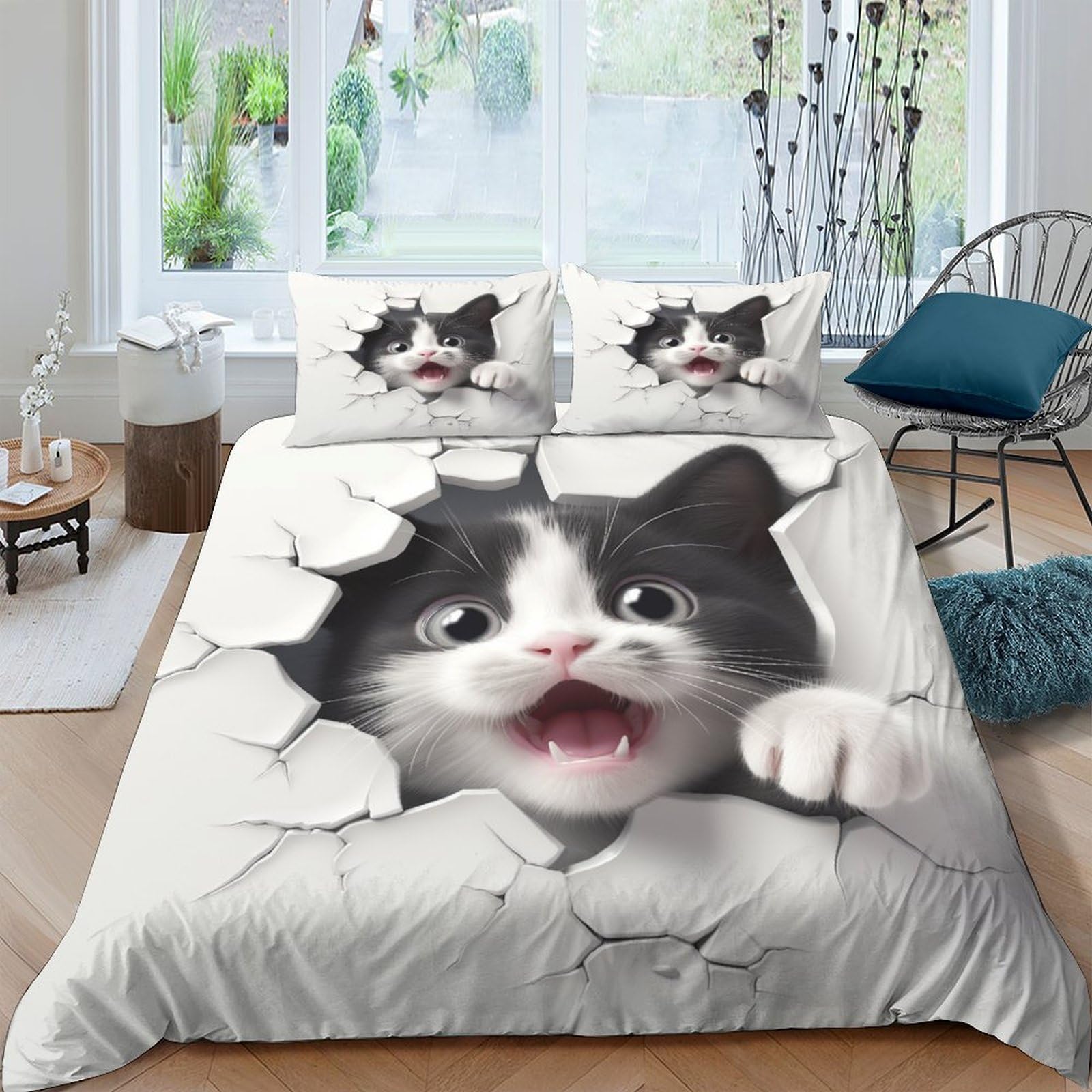 Housse de couette 200x200 chat avec taie d'oreiller : linge de lit double microfibre doux