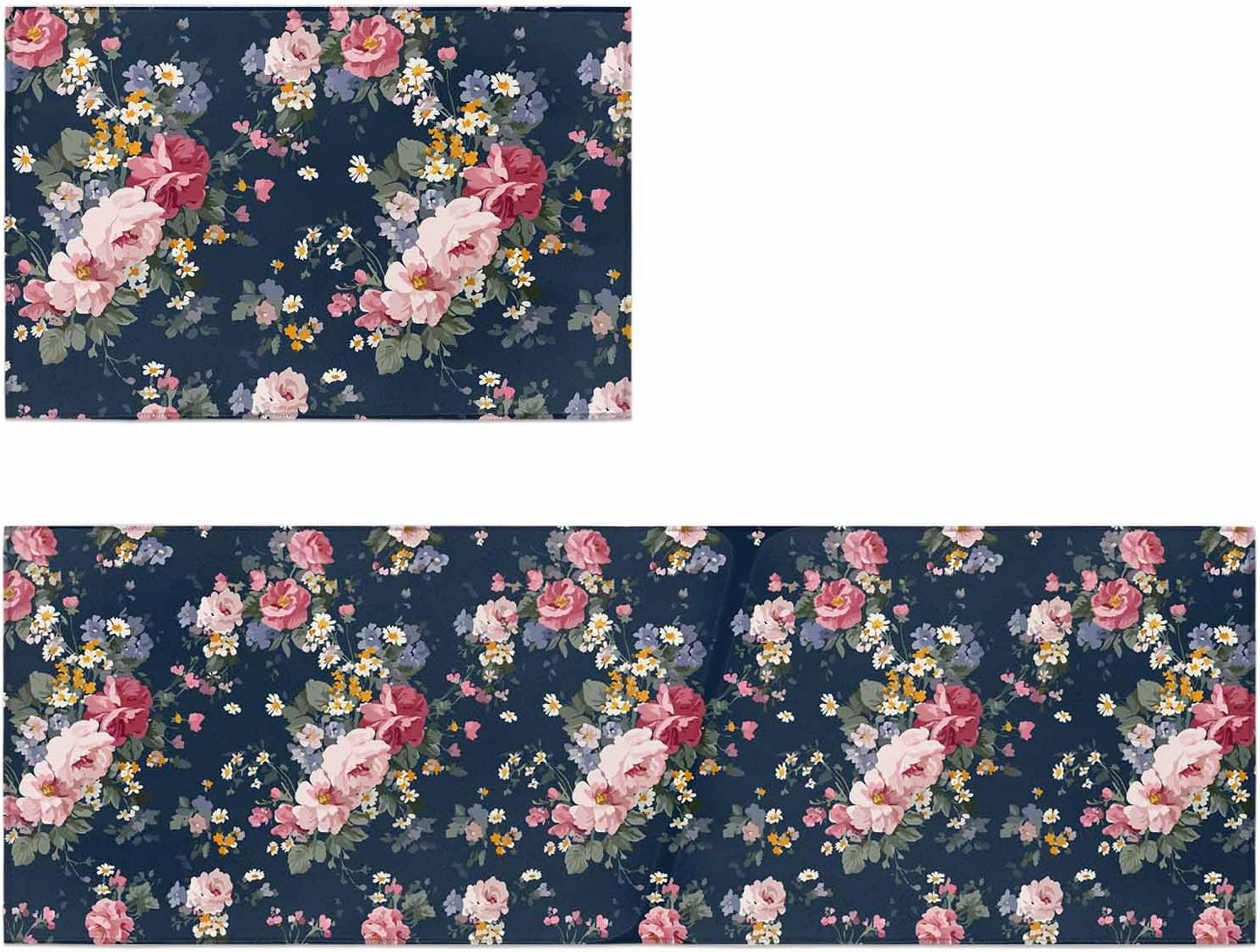 Kitchen Mats for Floor Pastoral Rose Gradient Pink Washable Non Slip Kitchen Rugs 2PCS, Farmhouse Floral Navy Blue Absorbent Standing Mats for Sink Bathroom Office Living Room 15.7x23.6in+15.7x47.2in