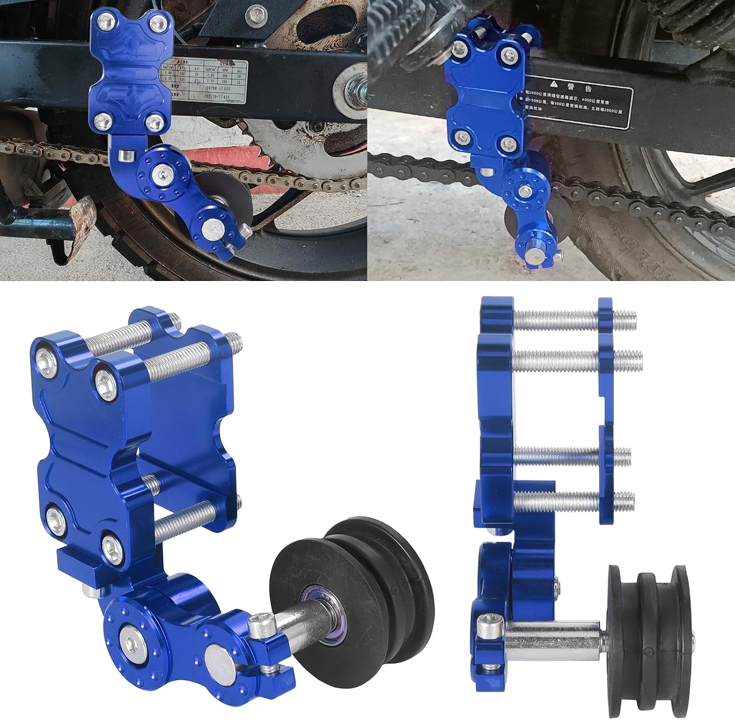 Universal Motorcycle CNC Aluminum Chain Adjuster Tensioner - Automatic Roller Tool for Motocross, Chopper, ATV & Dirt Bike (Blue)