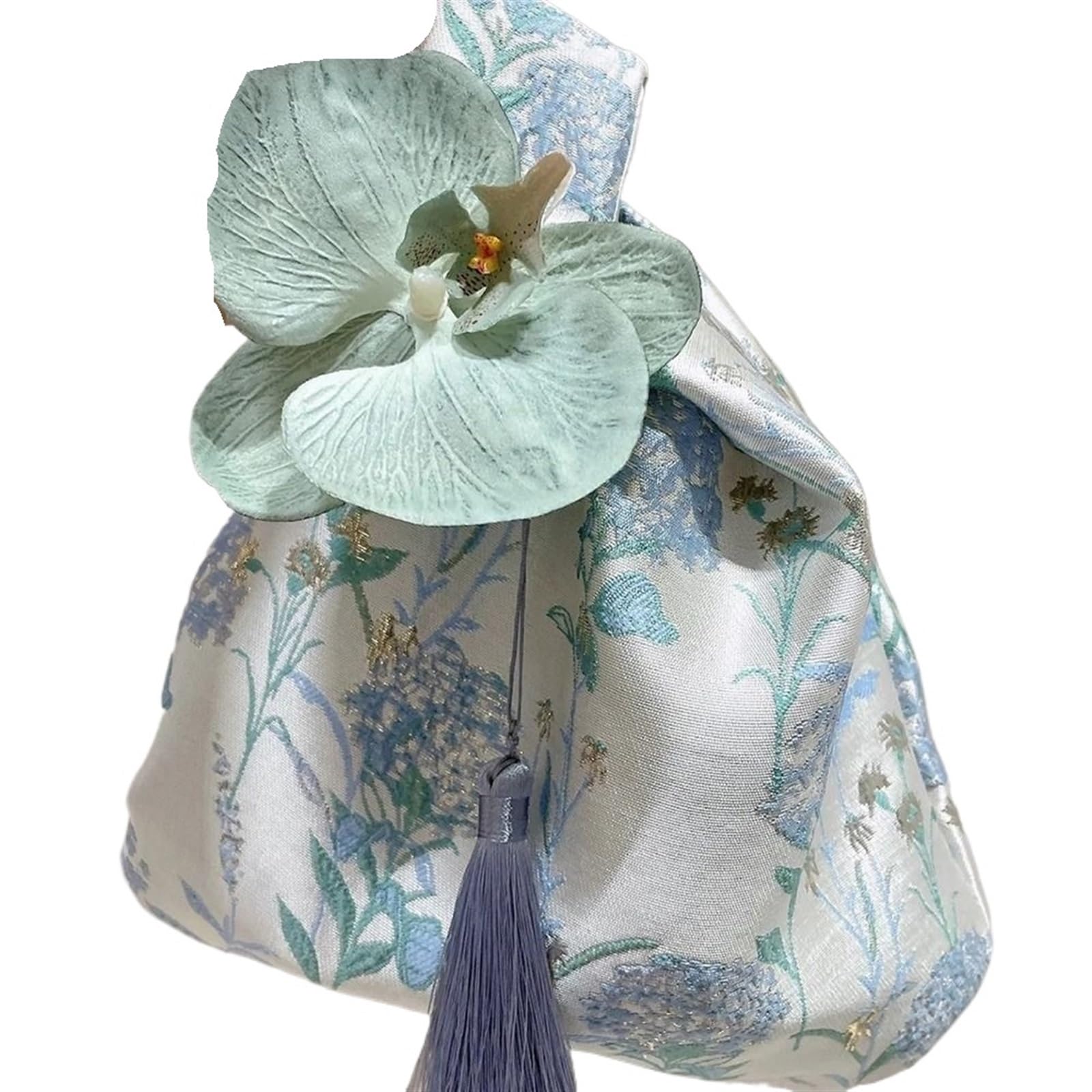 Wekonumex Blue Japanese Knot Wrist Bag, Tassel Small Item Pouch Cheongsam Accessories For Party, Wedding, Travel(,Tassel Flower)