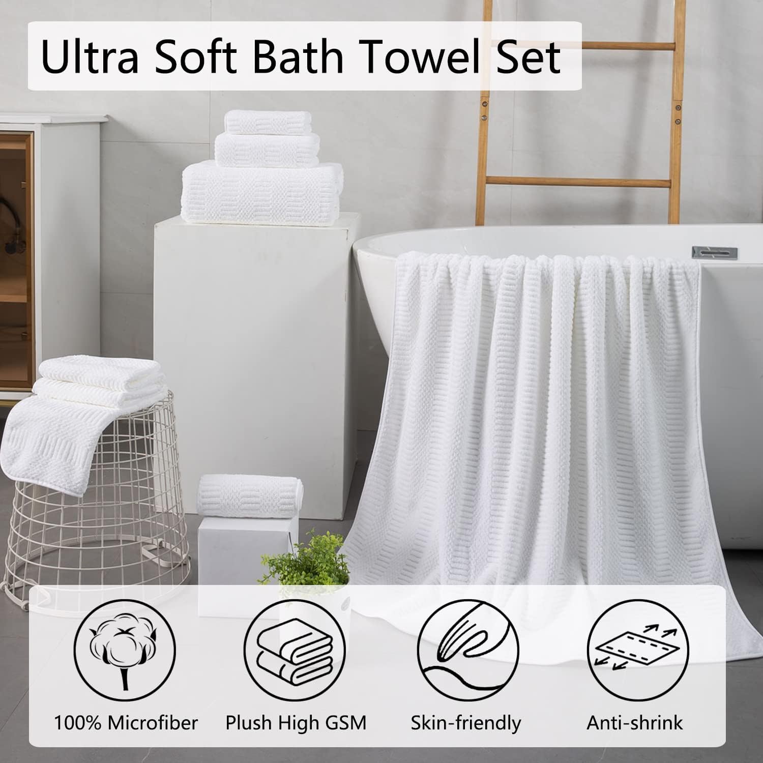 8 Piece Oversized White Bath Towel Set-2 Extra Large Bath Towel Sheets,2 Hand Towels,4 Washcloths-600GSM Soft Highly Absorbent Quick Dry Beach Chair Towels Woven Towels for Bathroom Hotel and Spa - Image 2