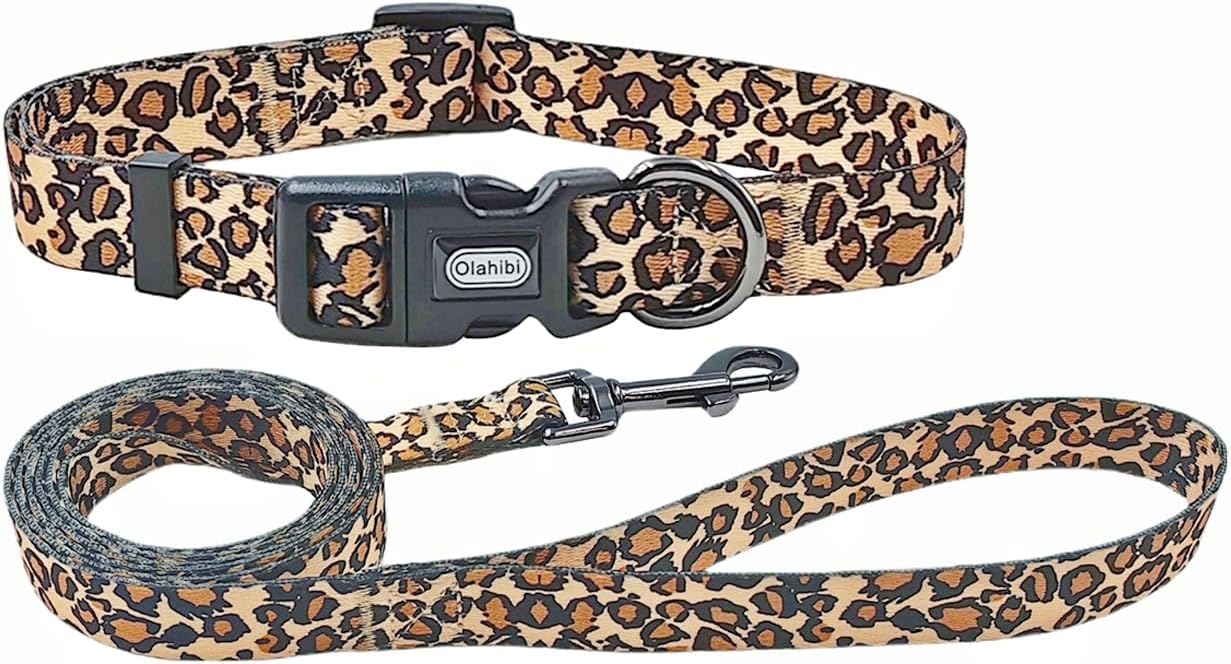 Dog Collar Leash Set, Leopard Pattern, Polyester Material, Adjustable Collar and 5ft Matching Leash, for Small Dogs.(S, Brown Leopard)