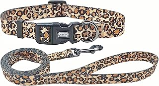 Hundehalsband und Leine Set Leopardenmuster aus Polyester mit passender Leine 150cm für große Hunde L Leopard braun