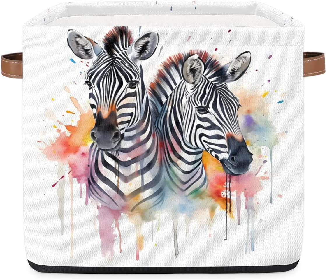 Watercolor Zebras Storage Basket 13*13*13 Inch Collapsible Storage Bins Foldable Storage Box Bins with Handles For Clothes Kitchen Living Room Storage