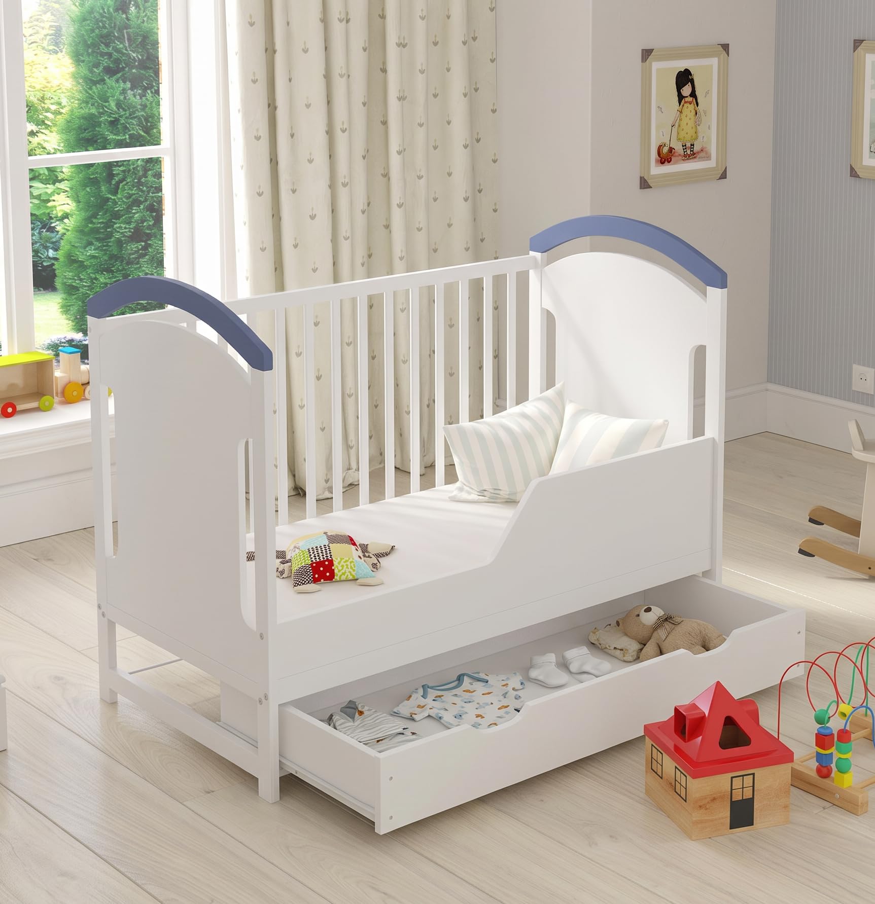 Love For Sleep Babybett Beistellbett 120x60cm mit Sicherheitsbarriere Umwandelbar Blue AMIE Kinderbett Baby Bett Holz - Kinderbett Babybett, Mitwachsend Gitterbett Baby Bed