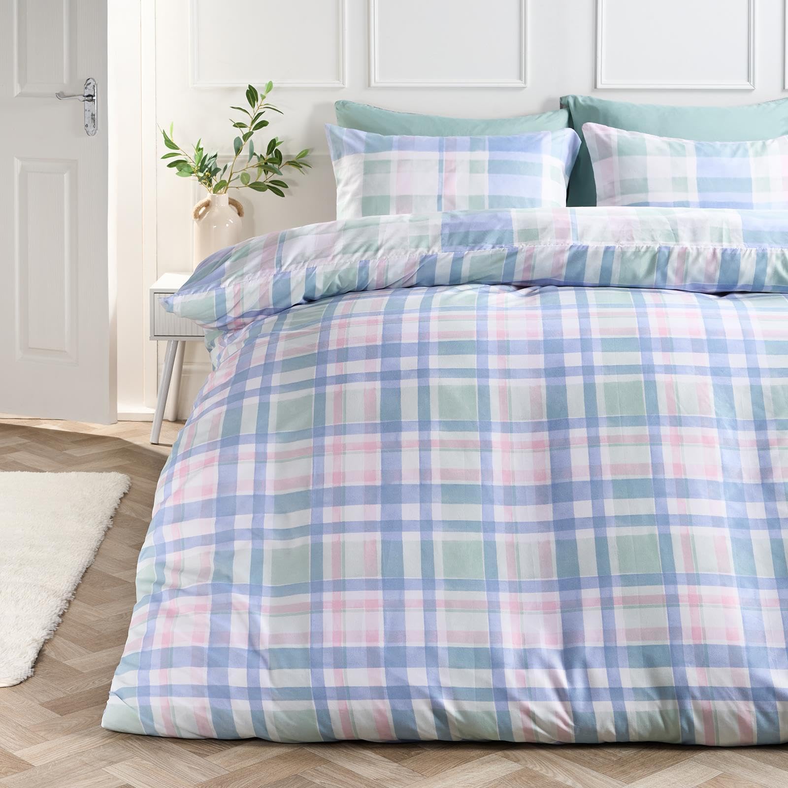 Ohs Blue Superking Bedding Set, Super Soft Cosy Warm Microfibre Polyester Watercolour Check Super King Duvet Set Contemporary Comfy Bedding Quilt Cover With Matching Pillowcases,