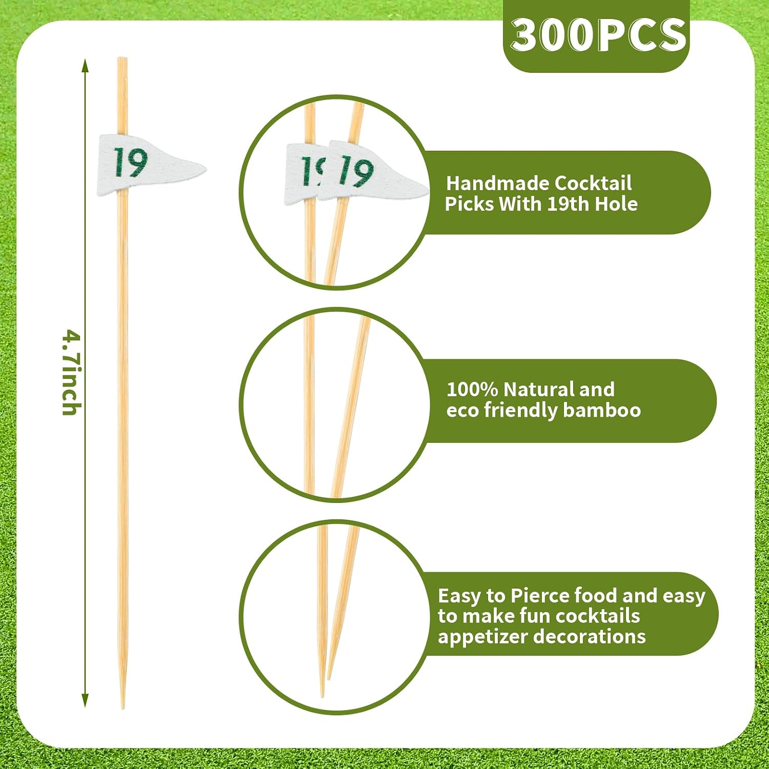 Layhit 300Pcs 19th Hole Drink Stirrers Skewers 4.72" for Golf Cake Burger Sandwiches 19th Holes Appetizer Pick Celebrate Your Next Hole in One for Golf Birthday Party Supplies Country Club Retirement