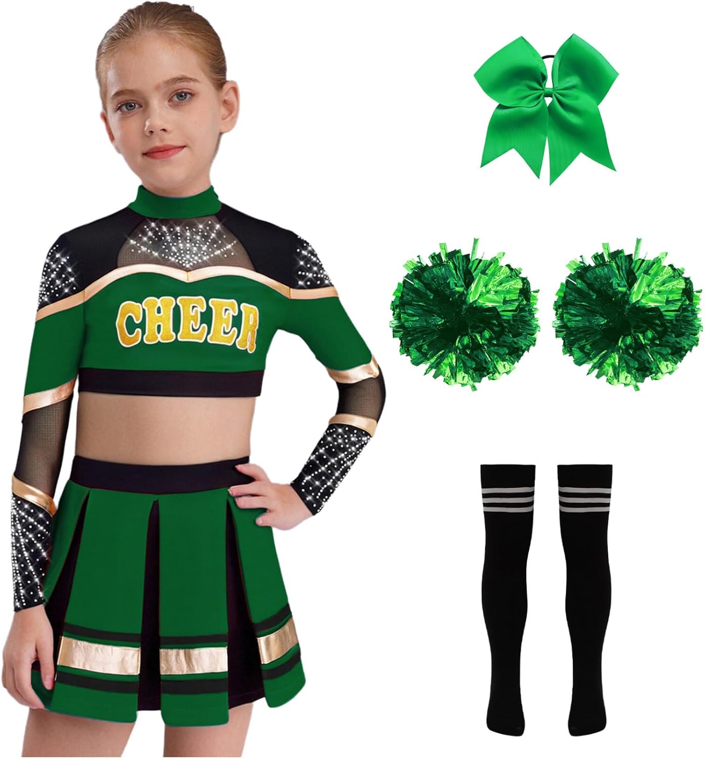 Jhaoyu Kids Girls Cheer Leader Uniforms Long Sleeve Top with Pleated Skirt Cheerleading School Dress Outfits