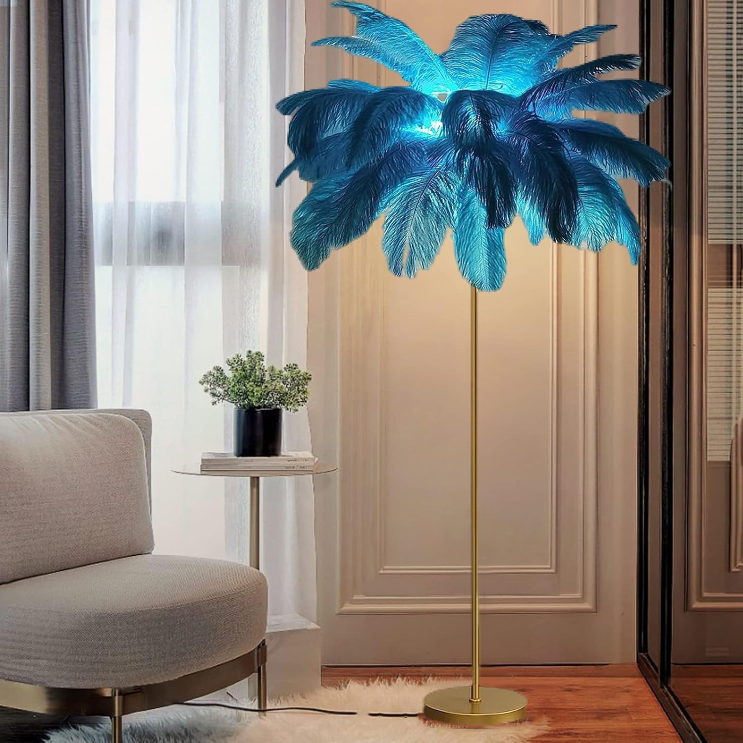 Feather Floor Lamp for Living Room, 63" Natural Ostrich Feather Standing Lamp with Foot Switch, Dimmable (Blue)