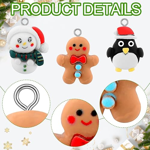 Miniatura 3 de Remuuly 60 dijes de Navidad de hombre de jengibre, Papá Noel, muñeco de nieve, resina, pingüino, dijes de resina de Navidad para hacer joyas,