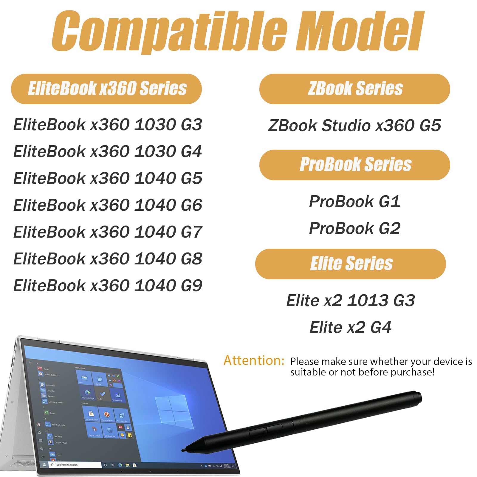 Bolígrafo recargable activo G3 compatible con HP Recargable Active Pen G3, Stylus para HP EliteBook x360 1030 G3/G4 EliteBook x360 1040 G5/G6, ZBook Studio x360 G5 (negro)