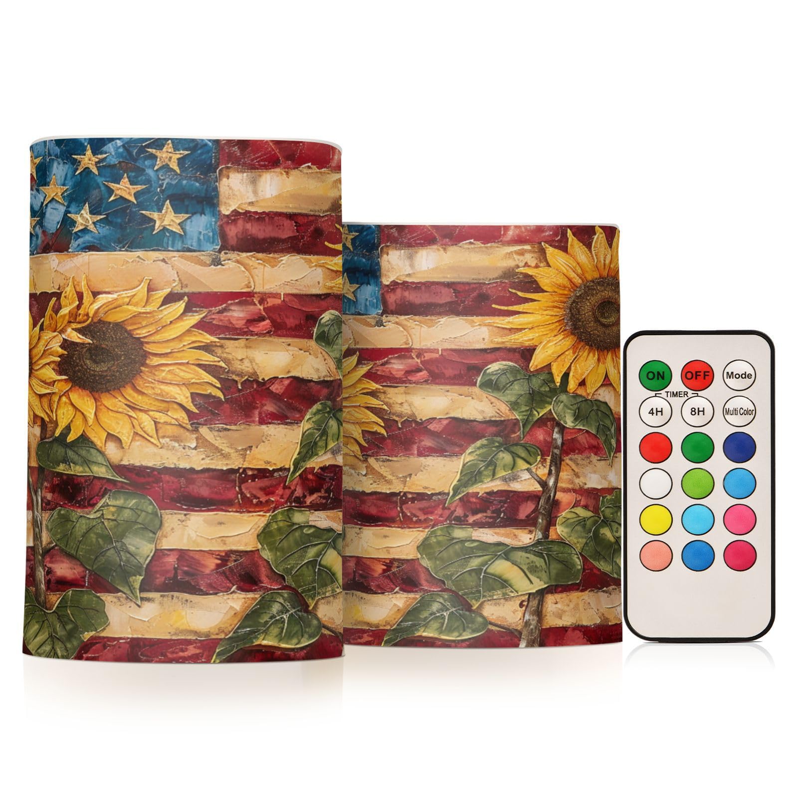 ALAZA Sunflowers on American Flag Rustic Flickering Flameless Candles Battery Operated with Remote Timer,Tea Light Candles LED Pillar Votive Candles Set of 2 for Outdoor Indoor Decorations