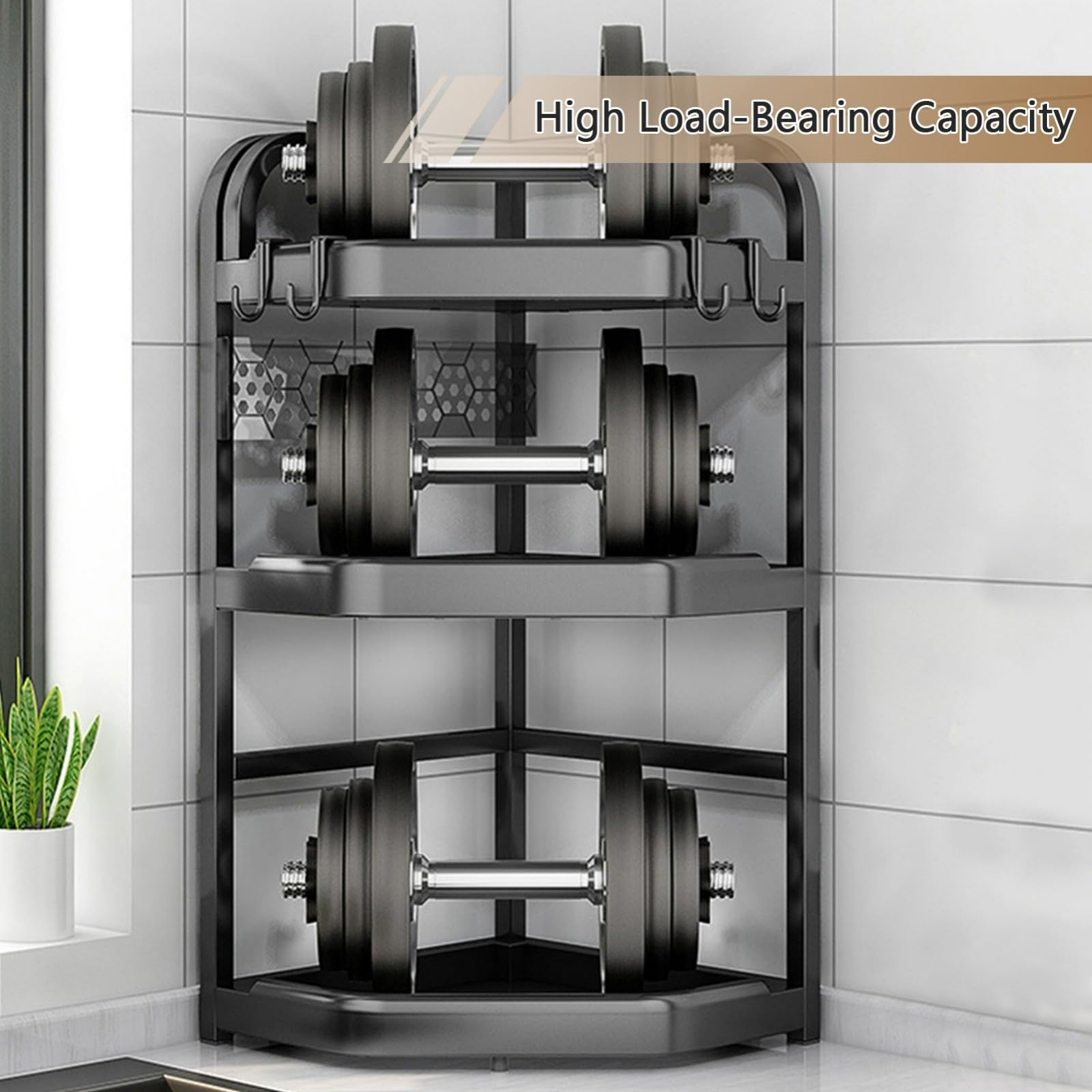 Estante esquinero de cocina de acero inoxidable con ganchos y soporte para tarros de especias, estante de almacenamiento de condimentos de pie de 2 niveles para encimera, especias y condimentos de