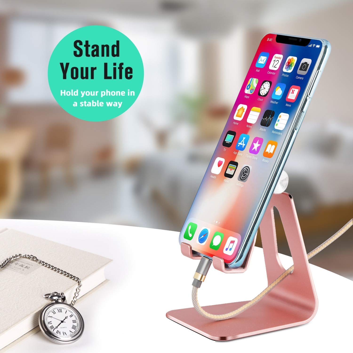 Soporte de teléfono celular, soporte de teléfono, soporte de tableta, soporte de escritorio de aluminio, compatible con todos los teléfonos inteligentes y tabletas de menos de 10 pulgadas.