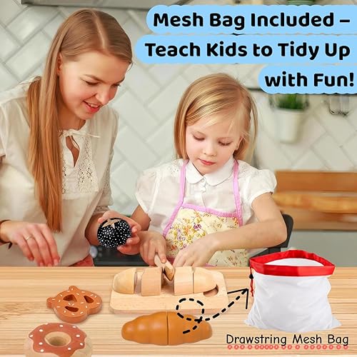 Miniatura 4 de Juego de comida de cocina de madera para cortar pan, 7 piezas con bolsa de compras y caja de regalo, juguete educativo Montessori y regalo de