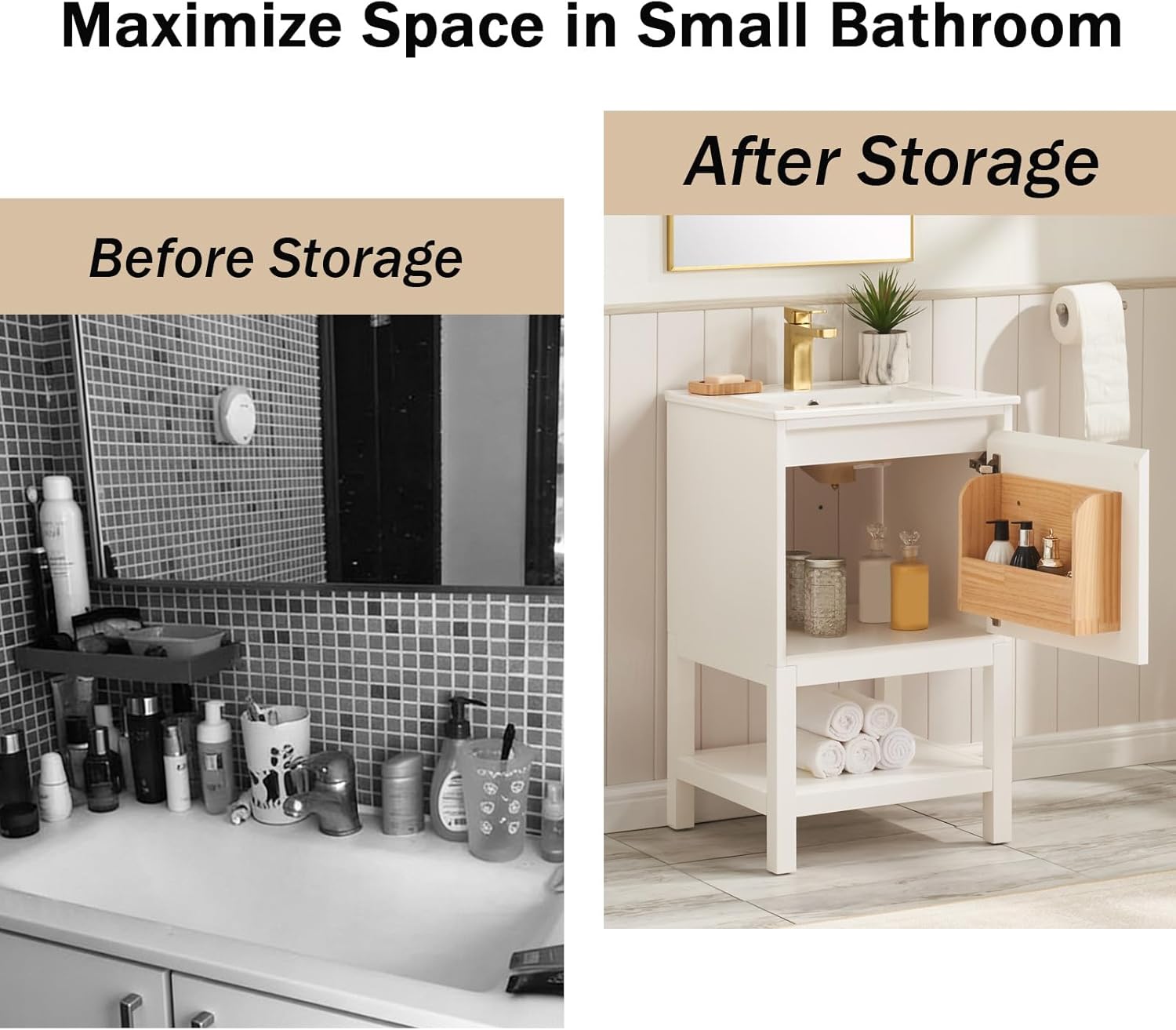 Eleshine 20 inch Bathroom Vanity with Single Sink, Solid Wood Fluted Bathroom Vanities with Soft-Close Door and Storage Box, Plywood & Pre-Assembled,Integrated Ceramic Basin - White