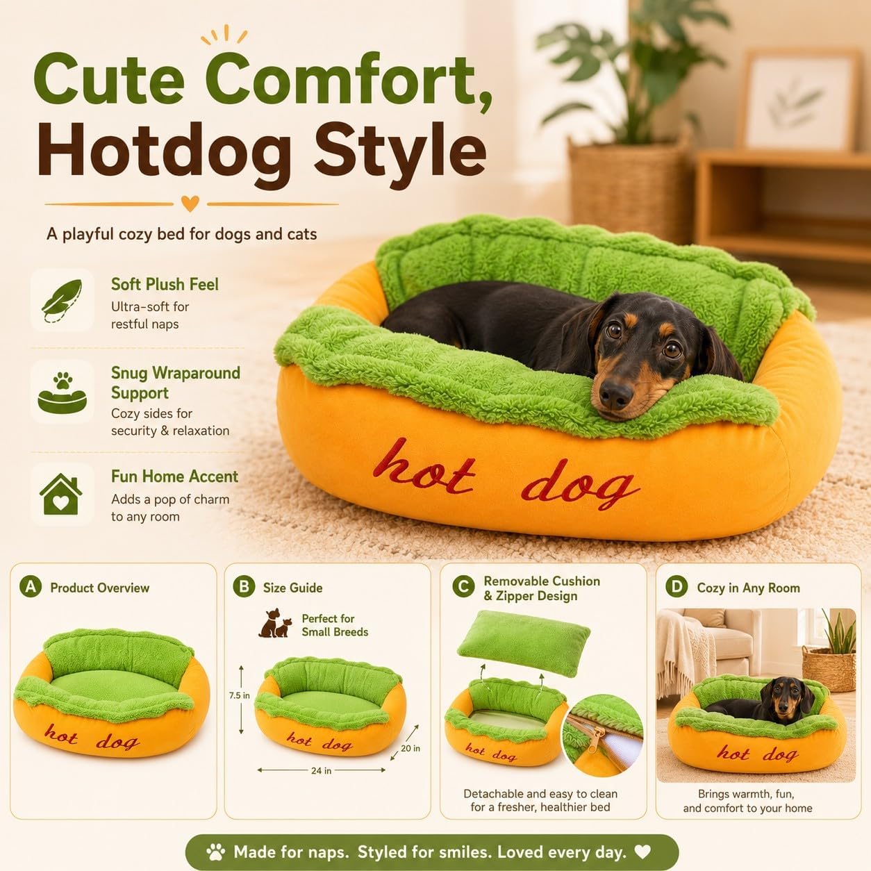 Adius Cuccia Hot Dog per Cane, Letto Hot Dog per Bassotto, con Fondo Antiscivolo, Cuscino Rimovibile e Lavabile per Piccoli Animali, per Casa e Soggiorno (L)