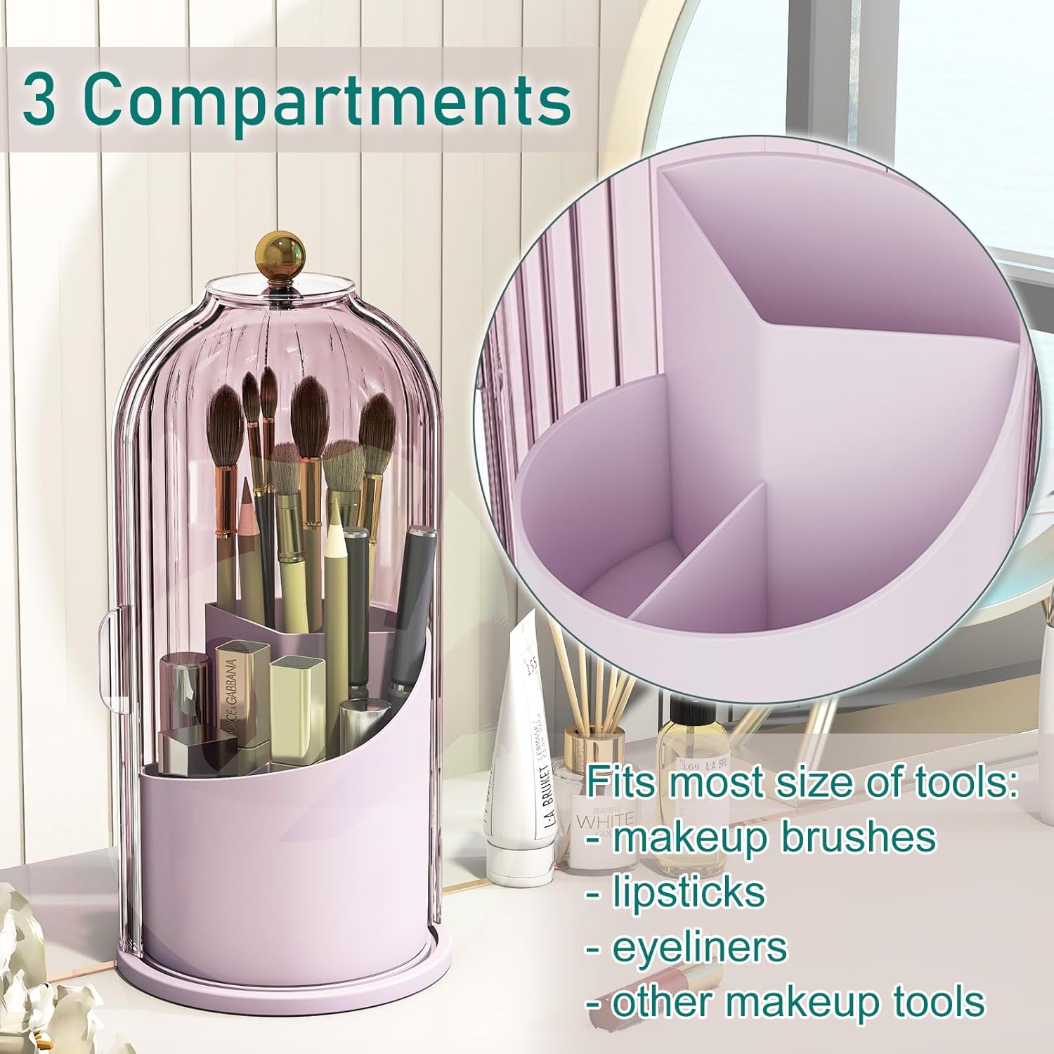 GAXmi Makeup Brush Holder with Lid Cosmetic Tools Organizer 360 Rotating Waterproof Dustproof Beauty Brushes Storage for Vanity, Pink-Purple - Image 4