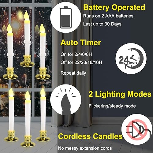 Miniatura 4 de Juego de 6 velas de Navidad para ventana con temporizador, funciona con pilas, velas LED eléctricas sin llama para ventanas, portavelas dorados,