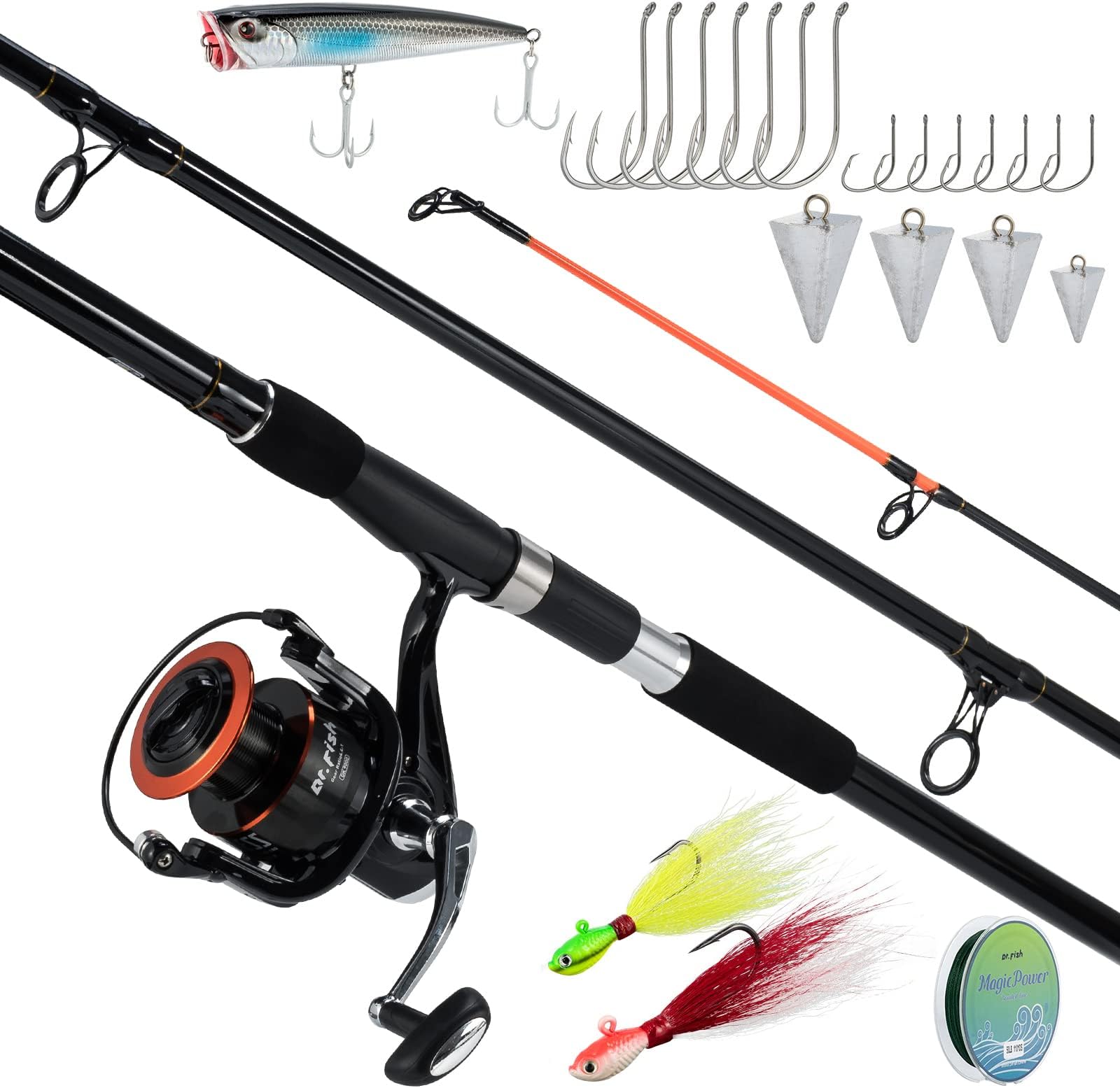 Dr.Fish Surf Fishing Rod and Reel Combo, Saltwater Fishing Combo, 12ft Surf Rod 8000/9000 Spinning Reel 9+1 BB, Offshore Gear Kit Pole Equipment Set