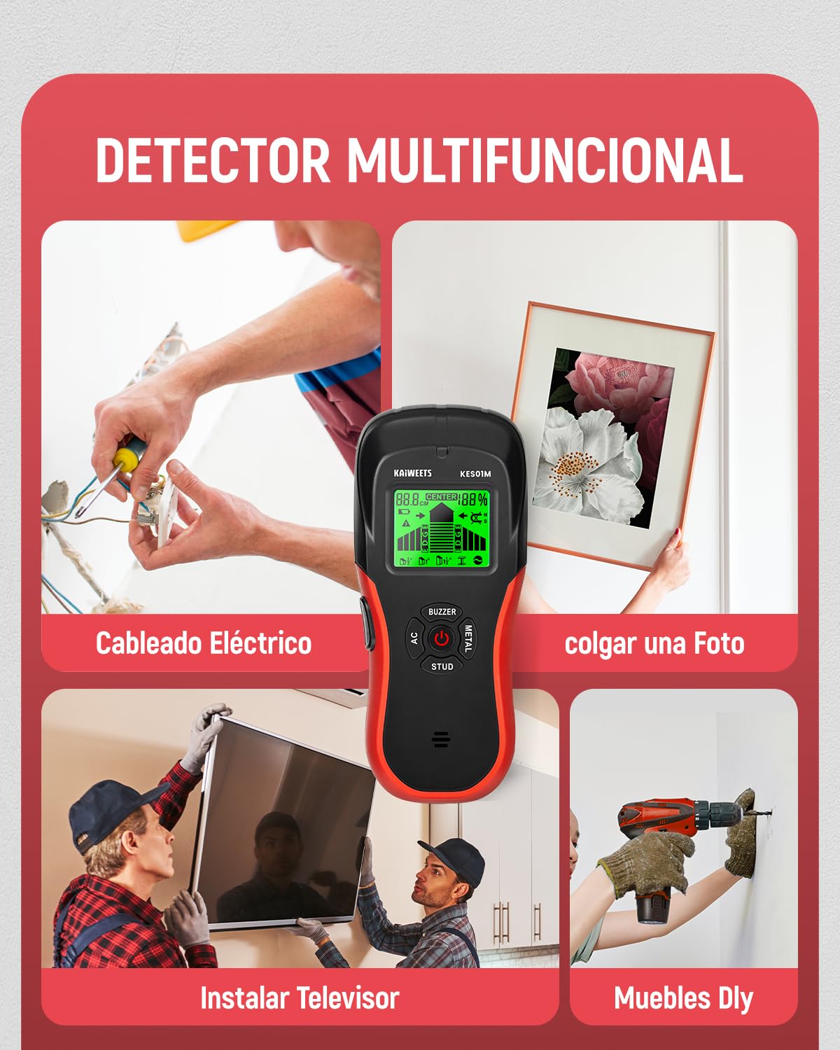KAIWEETS Detector Cables y Tuberias, Detector Cables Pared con Alarma de Calibración, Escáner de Pared para Madera, Metal y Líneas Eléctricas (Negro)