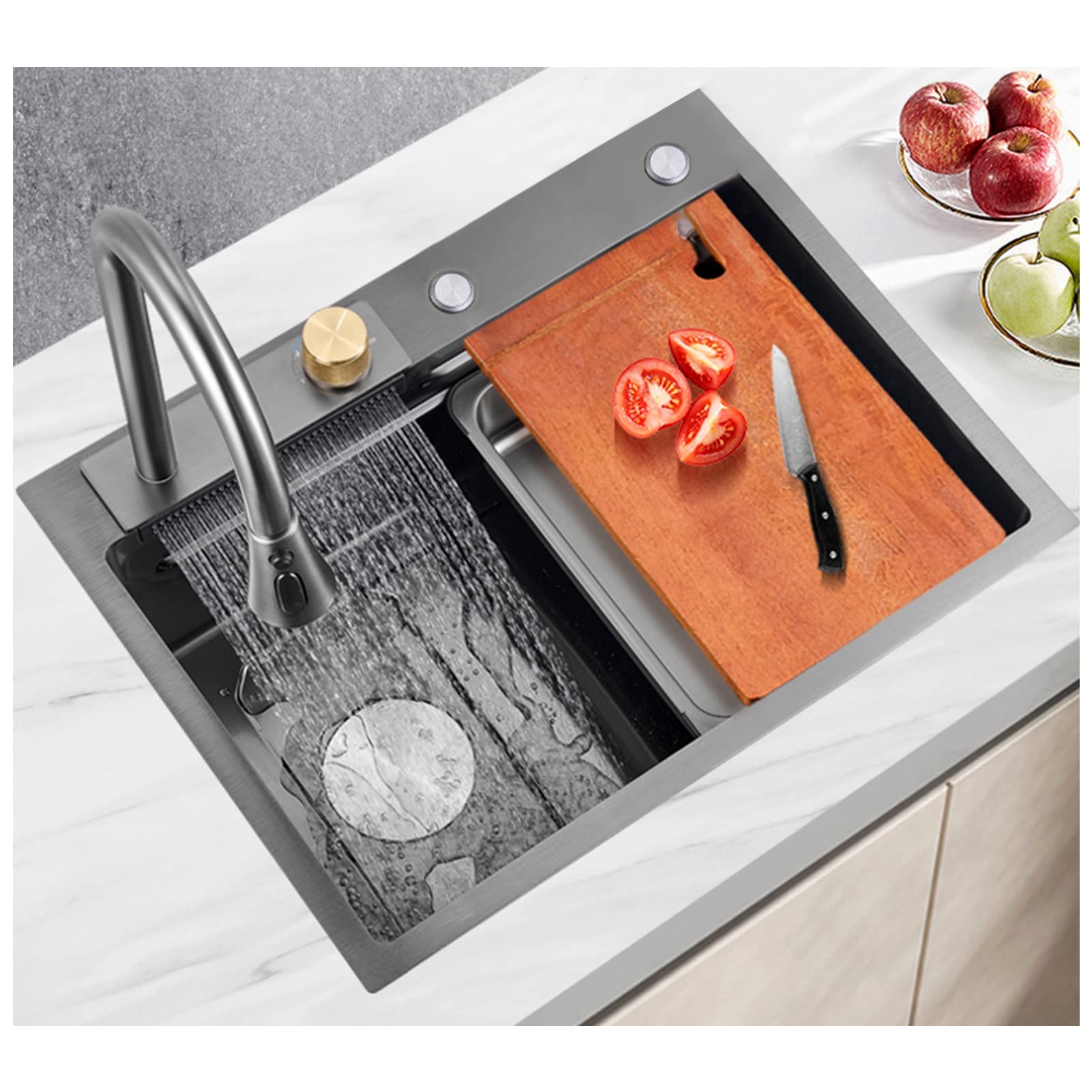 Graue Edelstahl-Küchenspüle 60 Cm Mit Wasserfallhahn & Schneidebrett – 304 Edelstahl Einzelbecken