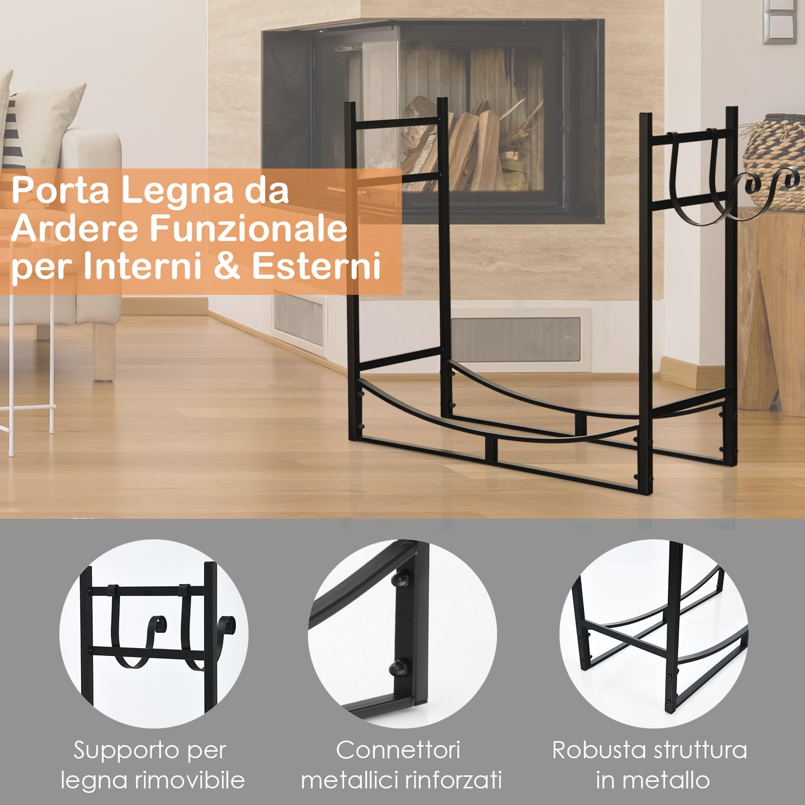 COSTWAY Portalegna da Interno ed Esterno, Portalegna in Metallo Resistente, con Supporti per Accendifuoco Staccabili, Portata 50 KG
