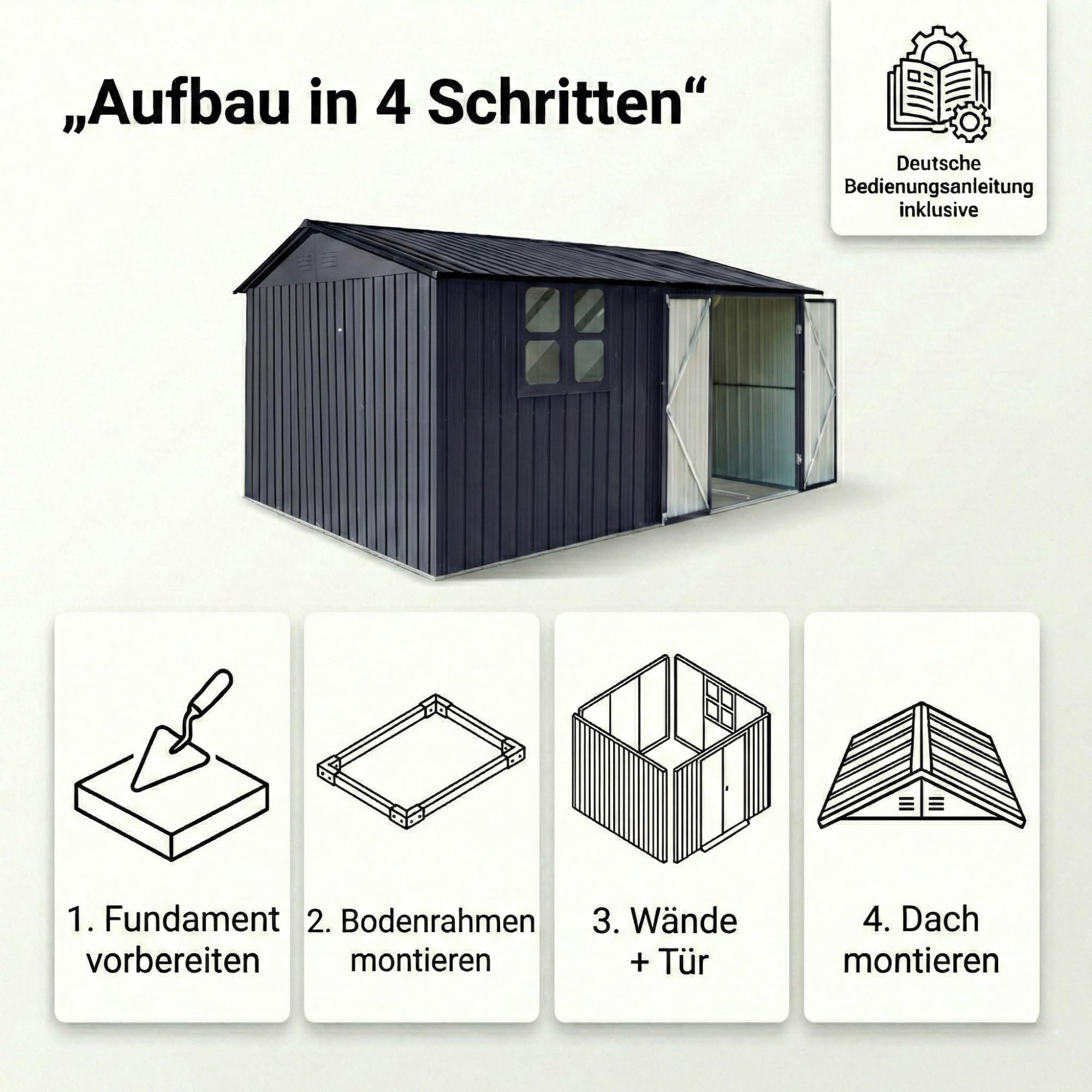 Albatros Gerätehaus 3XL | Anthrazit RAL 7016 | 371x304x201cm (22,6m³) | abschließbar inkl. Schloss & Werkzeughaken | Gartenhaus aus verzinktem wetterfestem Metall | Geräteschuppen Gartenschrank