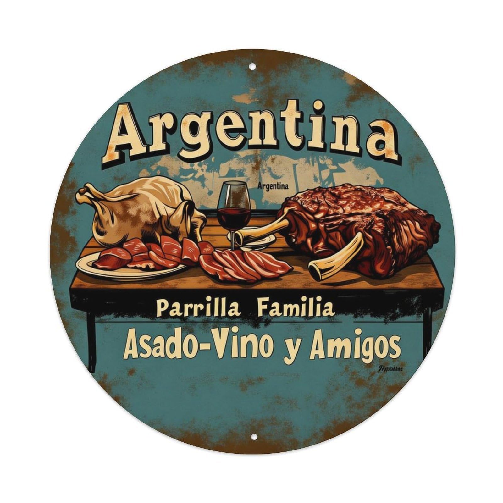 Argentina Grill Family Barbecue Wine And Friends Round Sign Wall Decor Poster, Home Bar Garage Cafe Kitchen Wall Art Decoration 12X12Inches