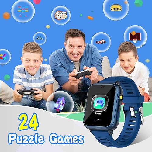 Vista 24 de Reloj inteligente para niños con 24 juegos de rompecabezas, pantalla táctil HD, cámara, reproductor de música, podómetro, despertador, calculadora