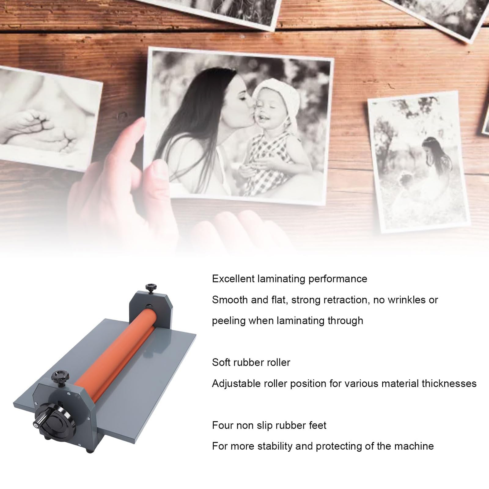 Manuelle Kaltlaminiermaschine, Handkurbel-Kaltlaminator, verstellbare Gummirollen, für Dokumentfoto-Poster, Buchcover, Kunstwerke, Malerei und Großformatdruck-Laminierung