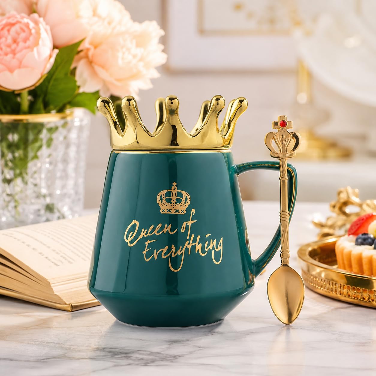 NYRWANA Coffee Mug, Birthday Gifts for Women, Mugs for Present, Rakshabandhan Gift for Sister, Ceramic Mug, Cute Coffee Mugs, Queen of Everything Mug with Golden Crown & Spoon (350ml-Green) 1
