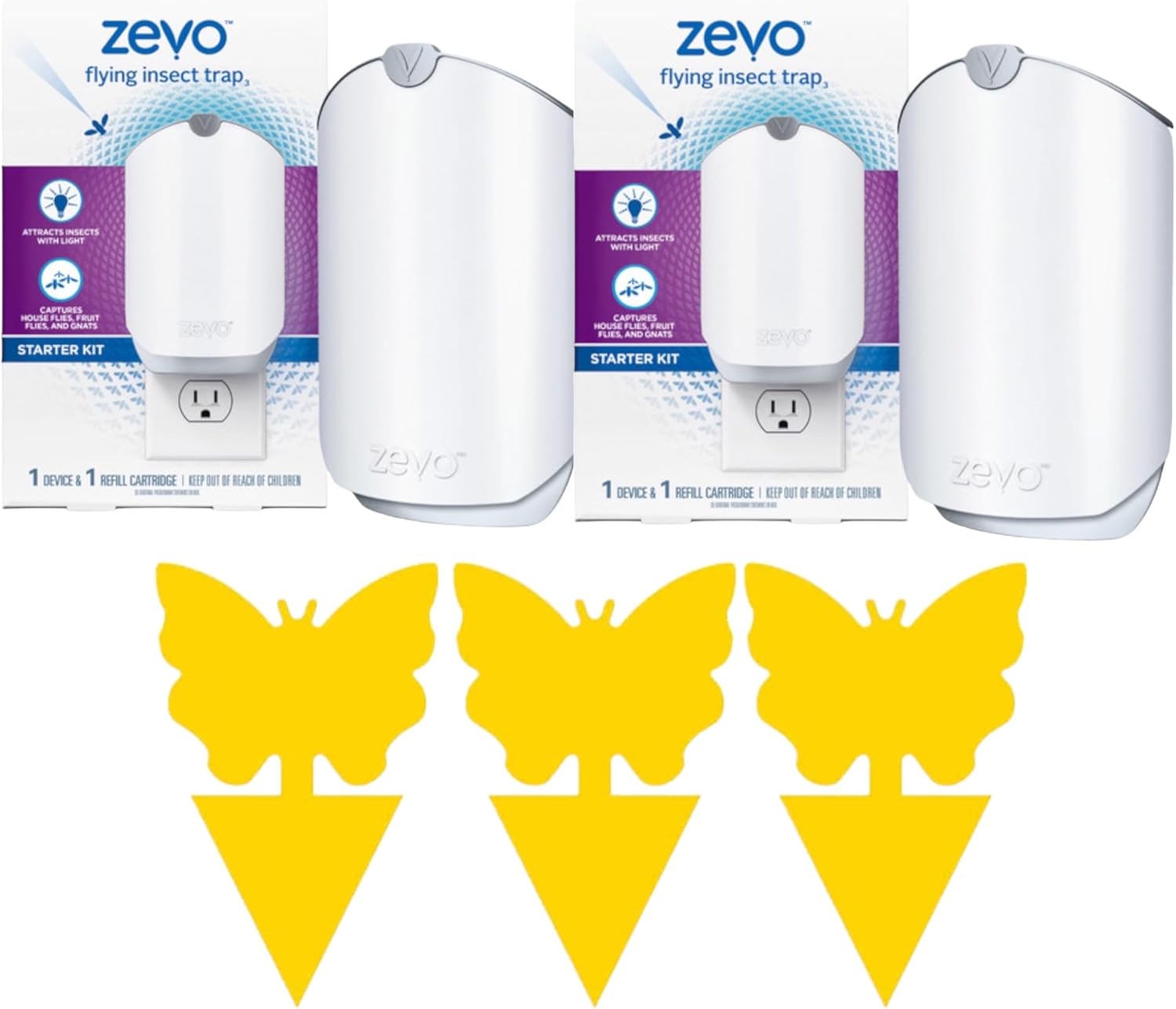 Zevo Flying Insect Trap Starter Kit 2 Pack (2 Plugin Base + 2 Refill Cartridge)+ 3