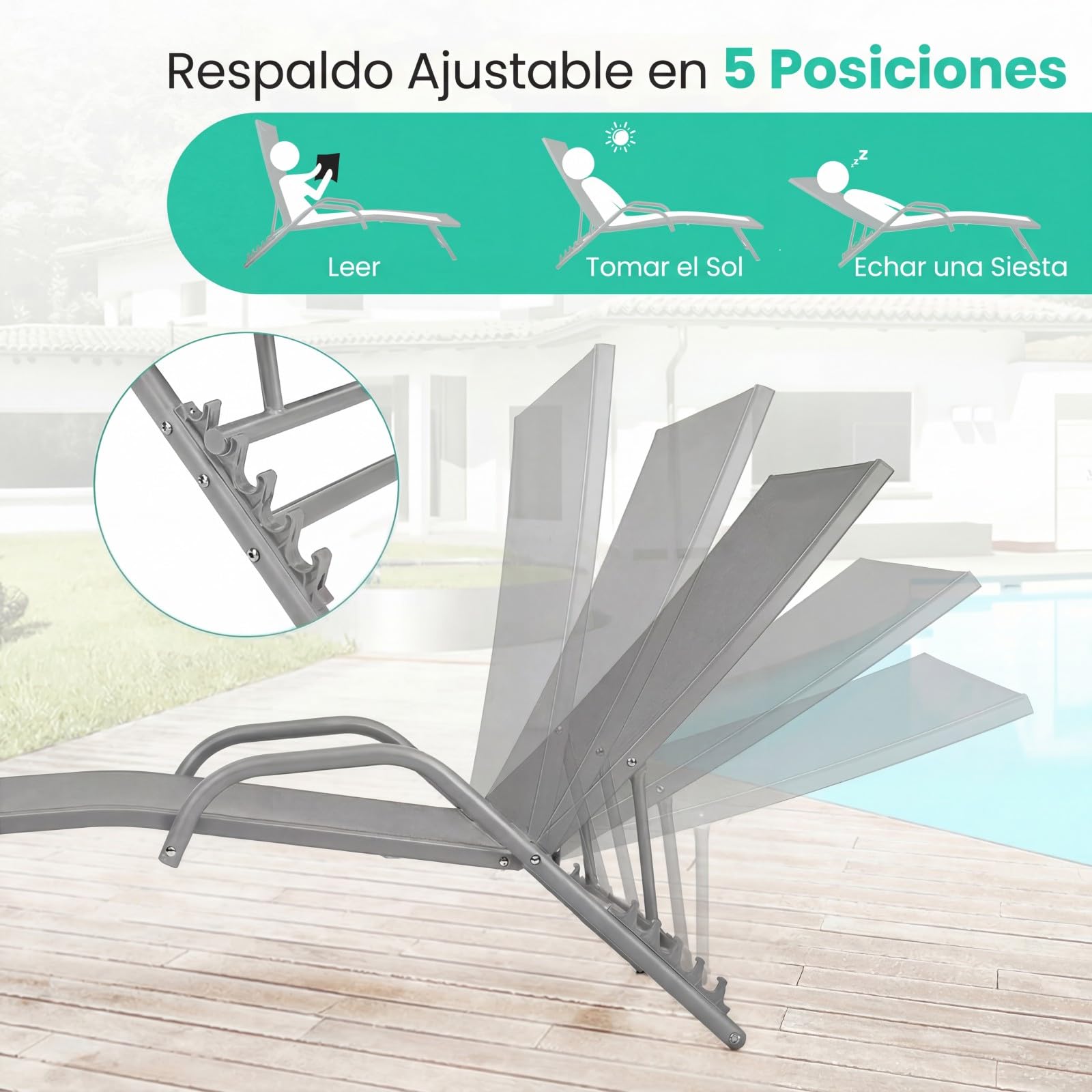 COSTWAY 2 Tumbonas Jardin Exterior, Reclinable en 5 Posiciones, Tela Transpirable, Tumbonas Liquidación Playa Jardin Piscina Exterior, 184,5 x 62 x 102,5 cm, Carga 160kg (Gris)
