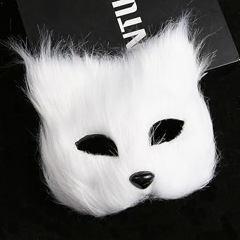Soochat Fox Mask Half Face Wolf Mask Plush Therian Masks for Cosplay Halloween Masquerade Costume Party Cosplay Props (White)