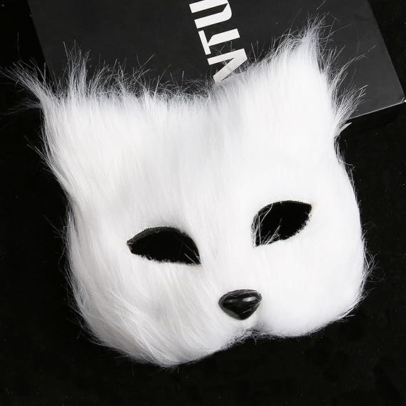 Soochat Fox Mask Half Face Wolf Mask Plush Therian Masks for Cosplay Halloween Masquerade Costume Party Cosplay Props (White)