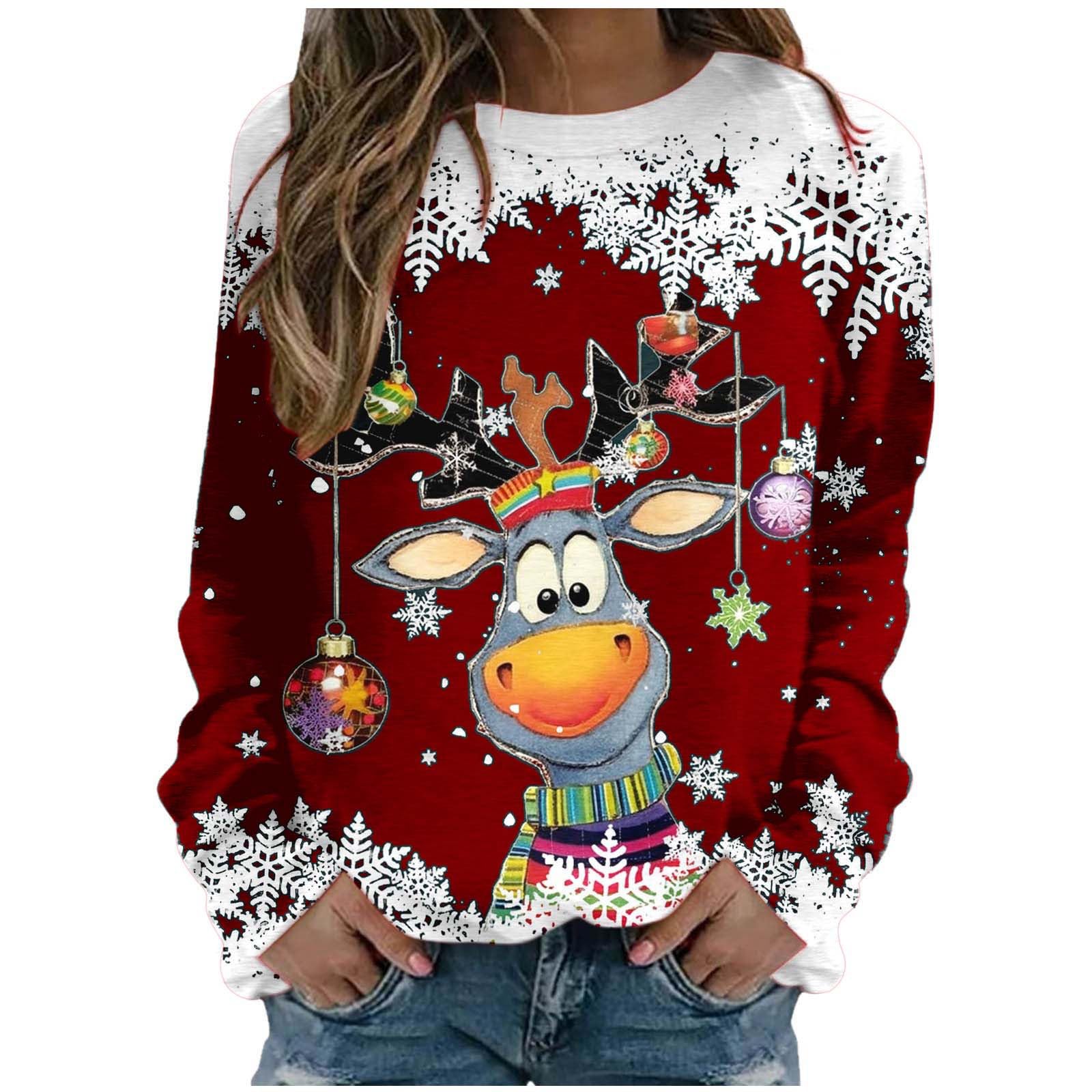 Christmas Sweatshirts for Women Ugly Reindeer Print Xmas Sweater Casual Long Sleeve Crewneck Holiday Pullover Tops