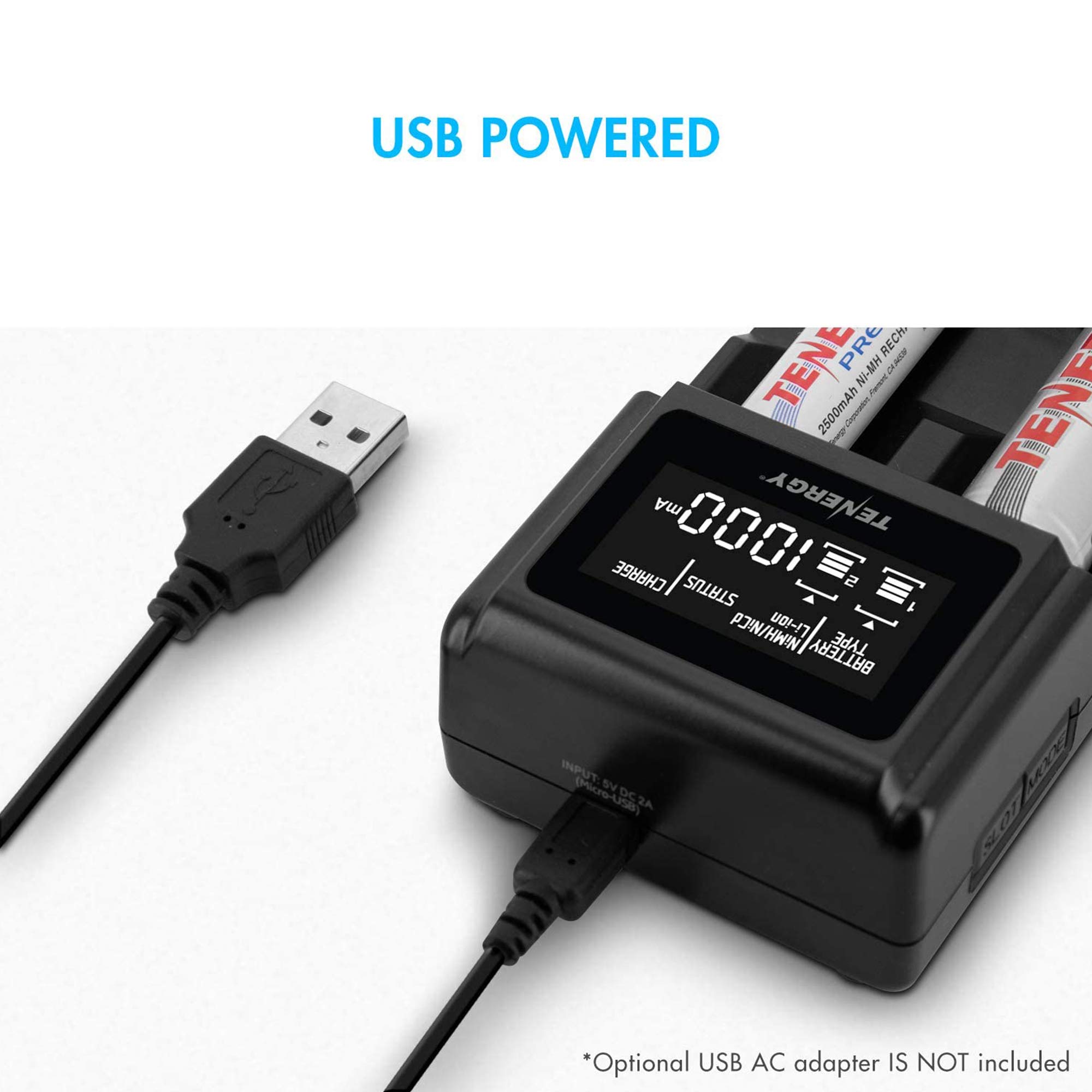 Tenergy TN471U 2-Bay Universal Battery Charger with LCD for Li-ionNiMHNiCD Rechargeable Batteries Micro USB Input Portable Charger for Batteries Sizes 18650 16340 26650 AA AAA and More product thumbnail 7